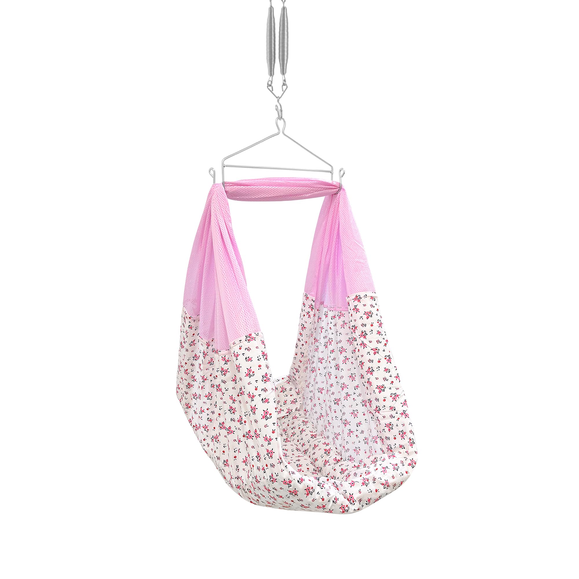 beetot New Born Baby Swing Cradle (Jhula) | Cradle Set with Mosquito Net, Spring, and Triangle Hanger | Weight Capacity up to 20kg | Age from 0-12 Months | PRE-Emily Pink