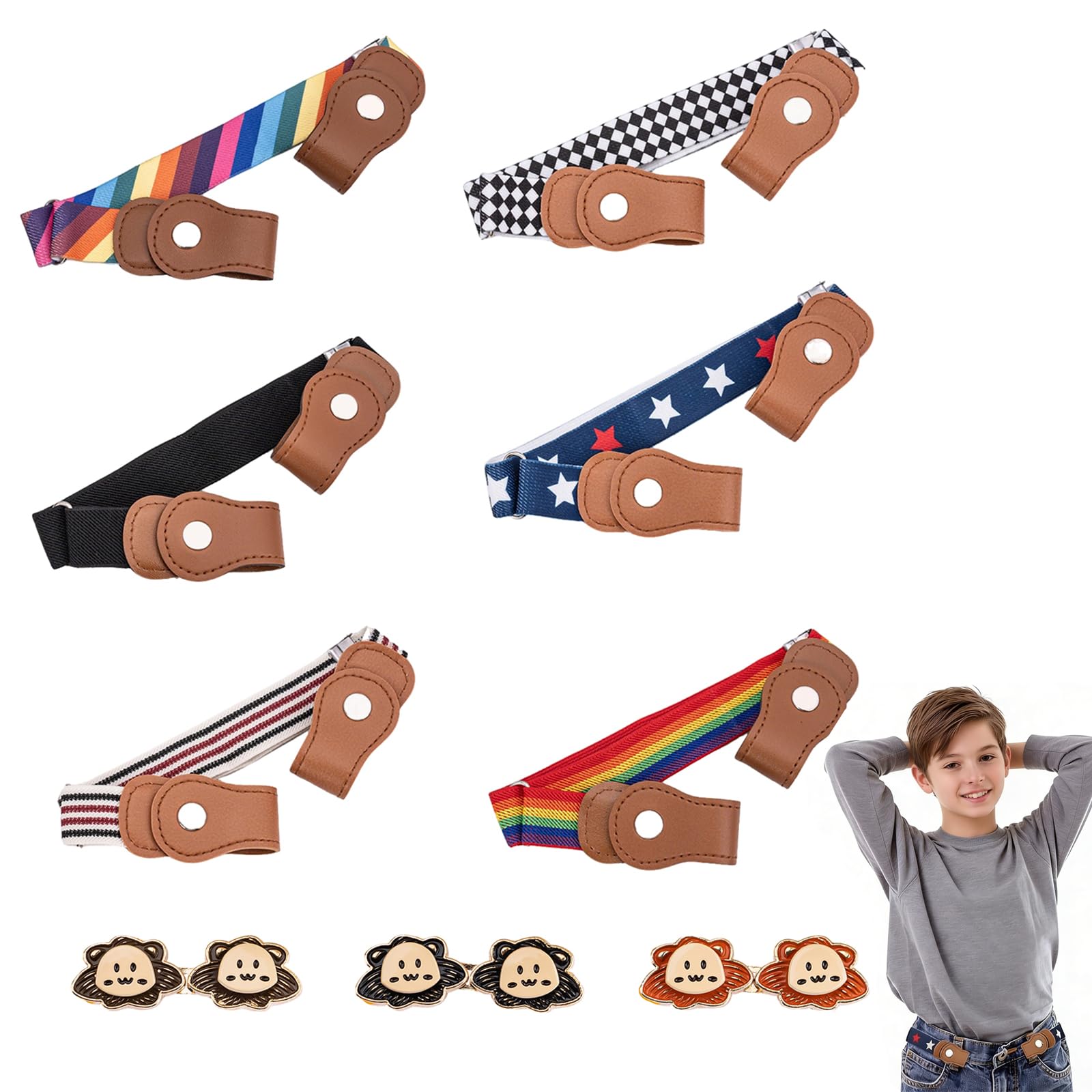Cinturón de Niños Ajustable Elástico Sin Hebilla, 6 Colores + 3 Pares de Hebillas, 35-51 cm