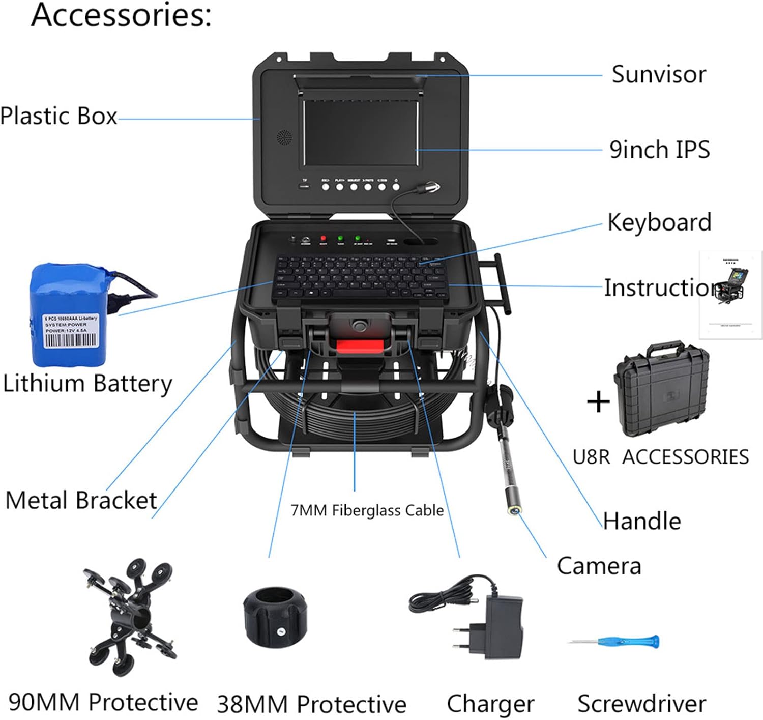 HD Sewer Camera with 512 Hz Pipe Locator, 9 Inch IPS Color Screen Drain Inspection Camera, DVR Video Recording+5X Image Magnification+Meter Counter,20M