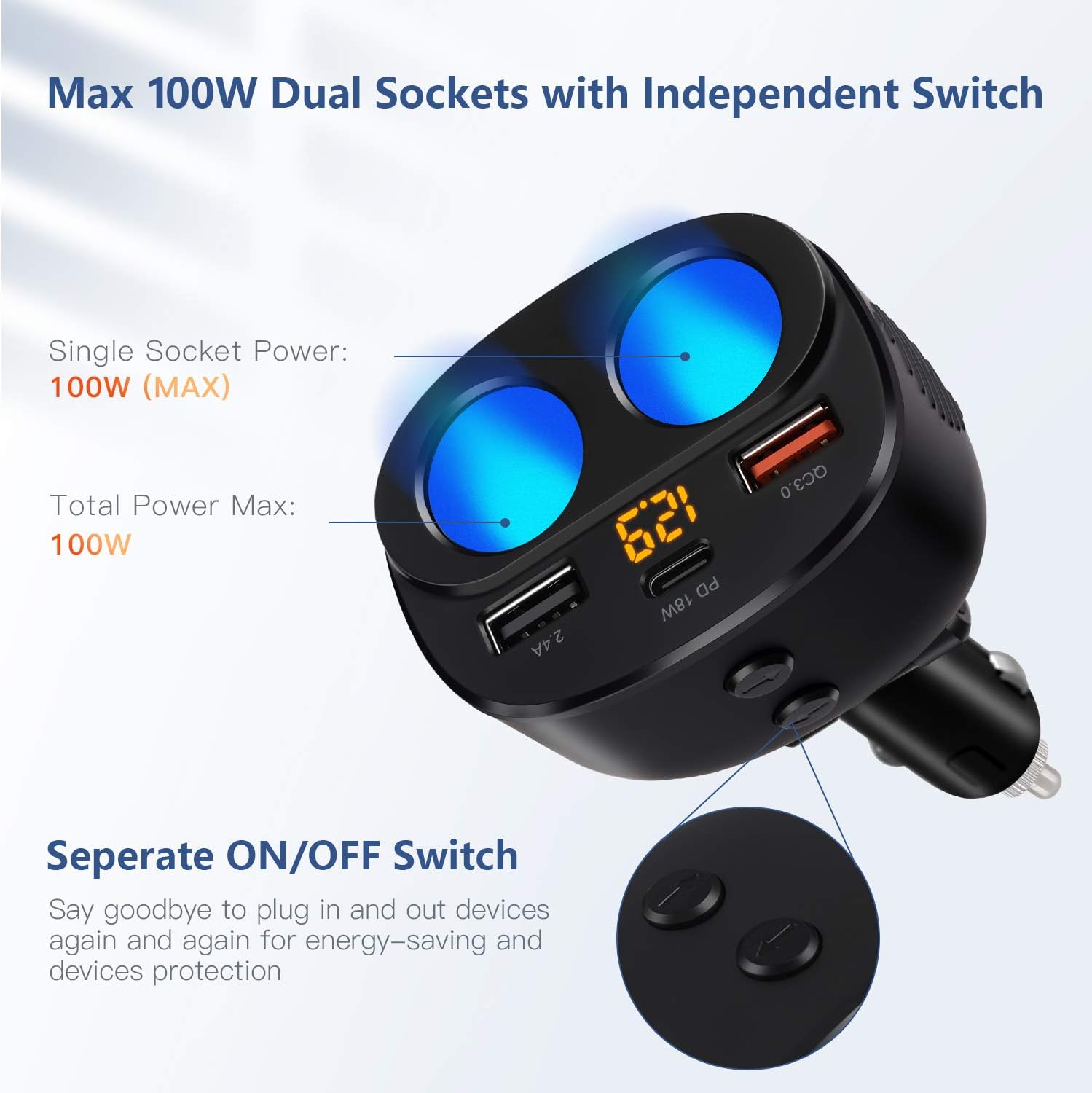 OOWOLF Cigarette Lighter Adapter, 100W 2-Socket Car Charger 12/24V 1 PD Port QC 3.0 Cigarette Lighter Splitter Separate Switch LED Voltage Display Built-in Replaceable 10A Fuse