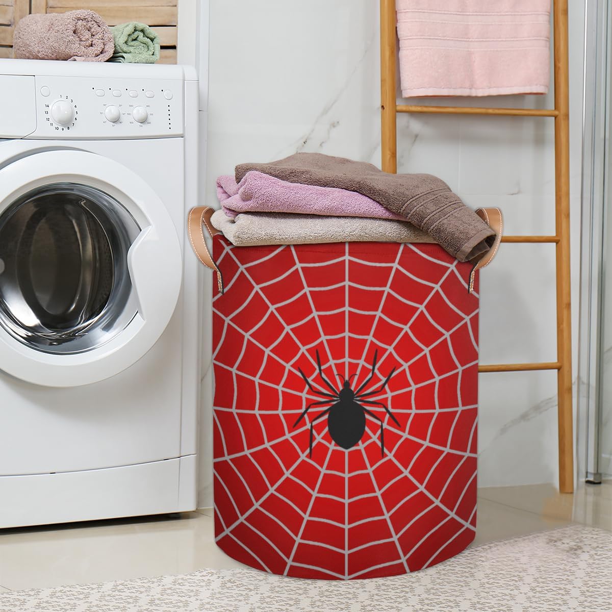 Large Laundry Basket Red Spider Web Collapsible Clothes Toy Storage Bin, Round Freestanding Laundry Hamper for Boy Kids Bedroom Bathroom Nursery Decor 16"W x 20"H