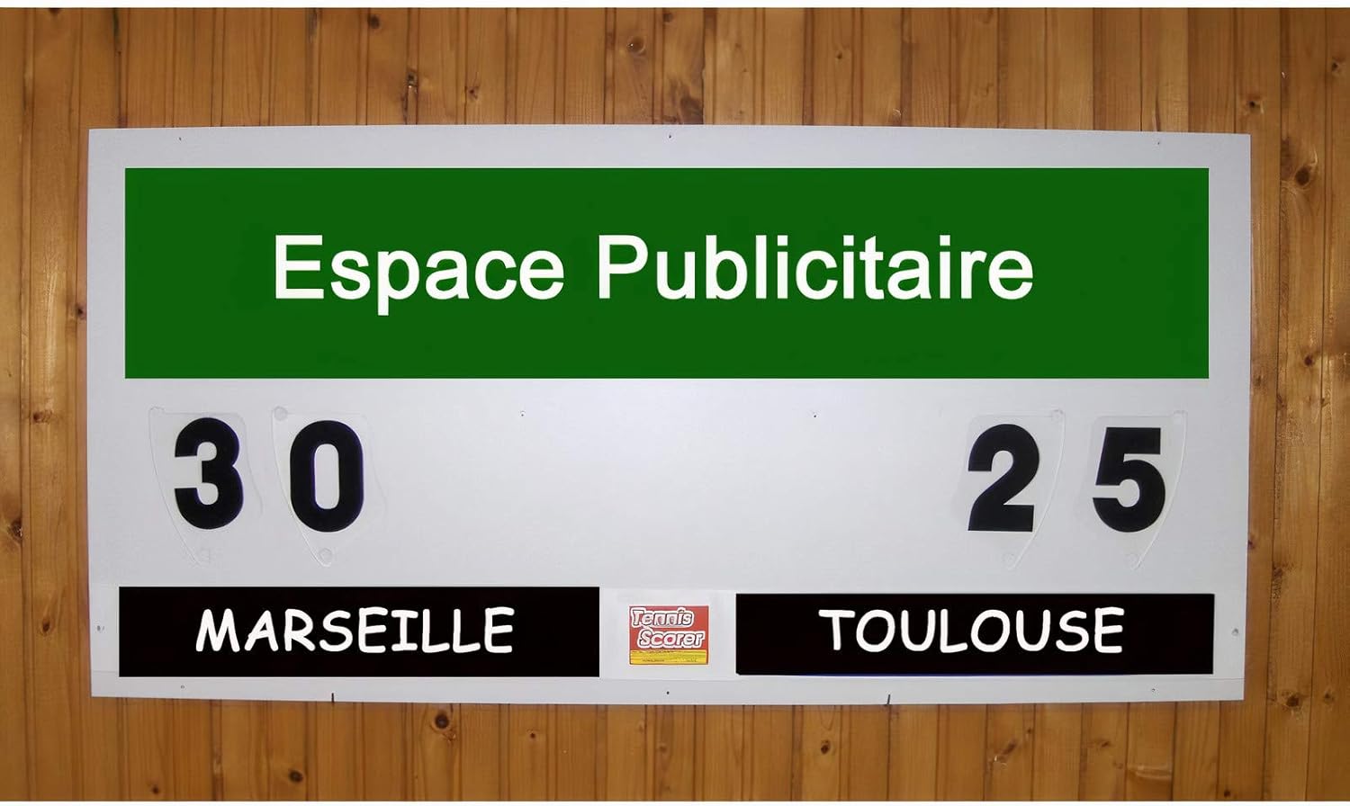 Multisport board, manual scores display from 00 to 99 with rotating discs (120 x 60). Made in France. Designed with an advertising space to make the most of your club