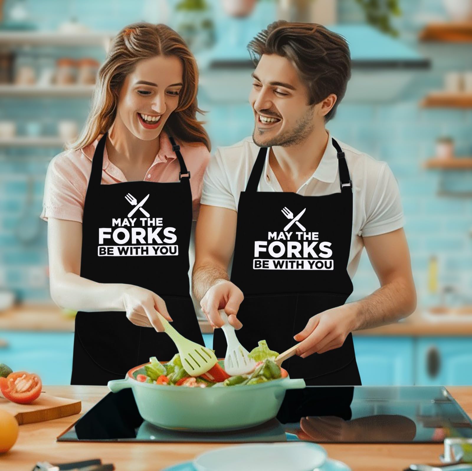LINEN CLOSET® Bbq Apron for Men Funny Aprons Chef Grilling Novelty Barbecue Aprons Kitchen Cooking Gift Black Apron with 2 Pockets-May The Forks Be with You - Image 2