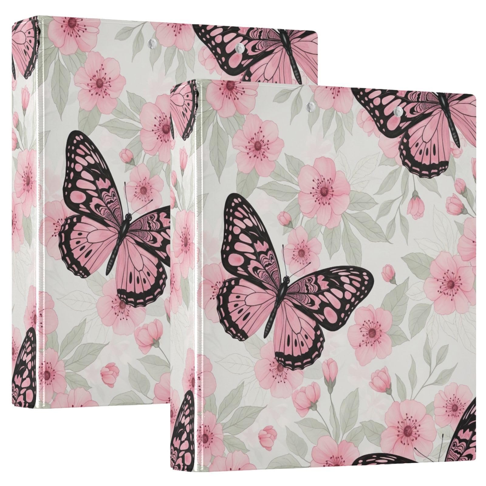 Confezione da 2 raccoglitori ad anelli con 3 anelli, motivo farfalle, fiori e foglie pallide, con portablocco, grandi raccoglitori a 3 anelli, per scuola, università, ufficio