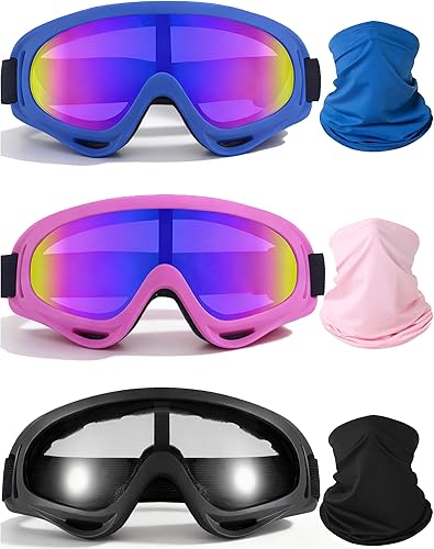 3 pares de gafas de motocicleta con protección UV, gafas de esquí con 3 piezas de cubrecuellos, para montar, a prueba de polvo y viento