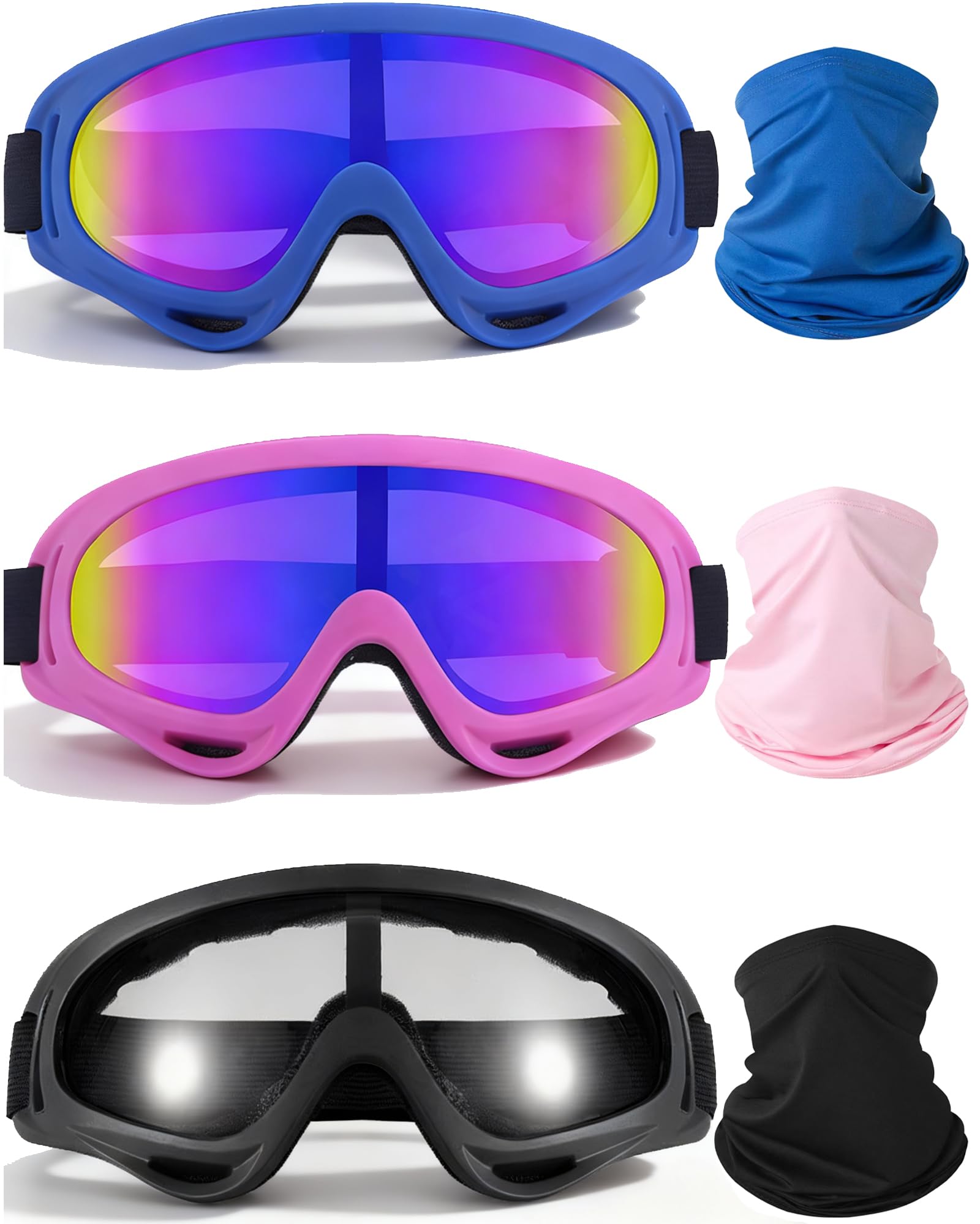 3 pary gogli motocyklowych, ochrona przed promieniowaniem UV, gogle narciarskie z 3-częściowym ochraniaczem na szyję, do jazdy przed kurzem i wiatrem