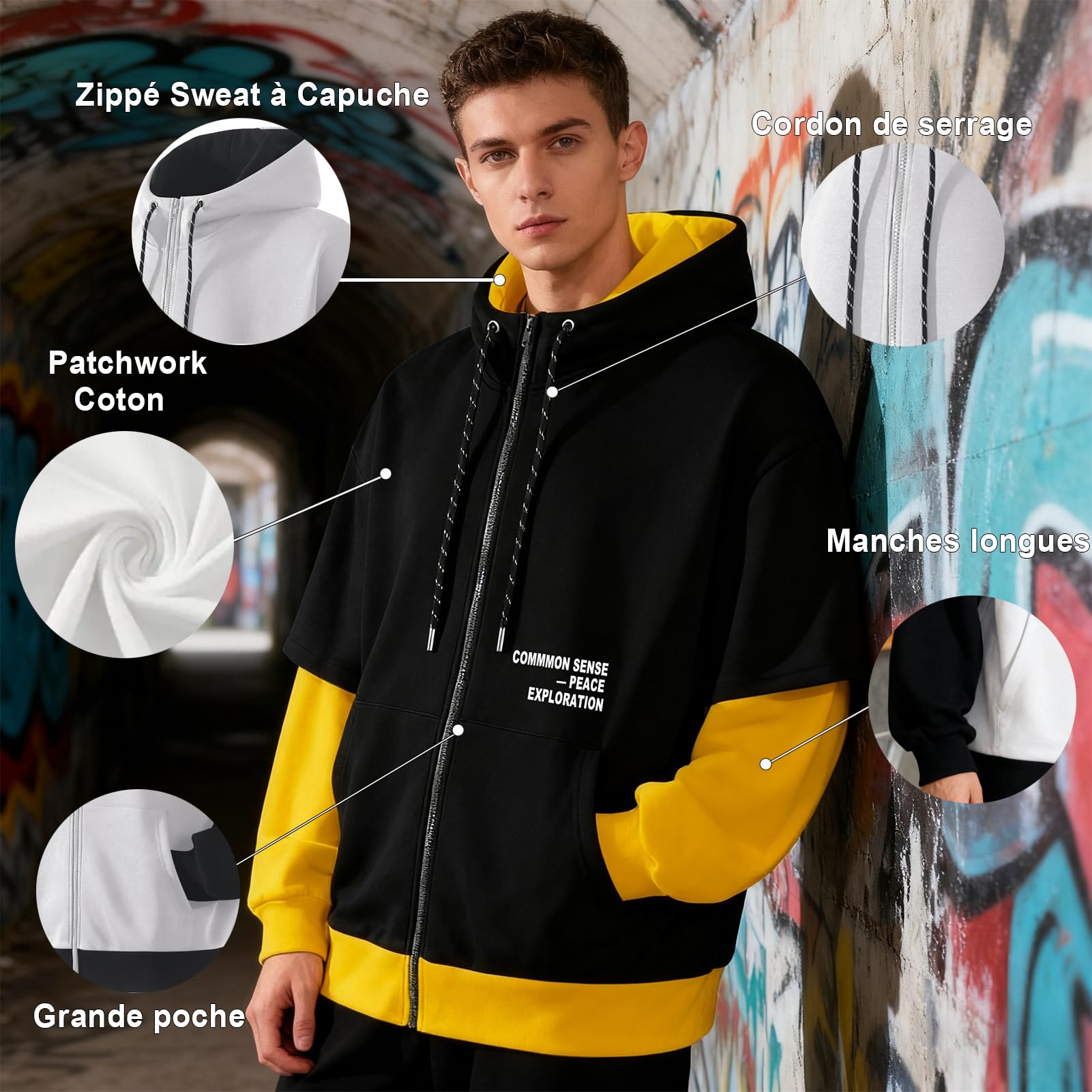 Sweat à Capuche zippé Homme Patchwork Pull Sweatshirts