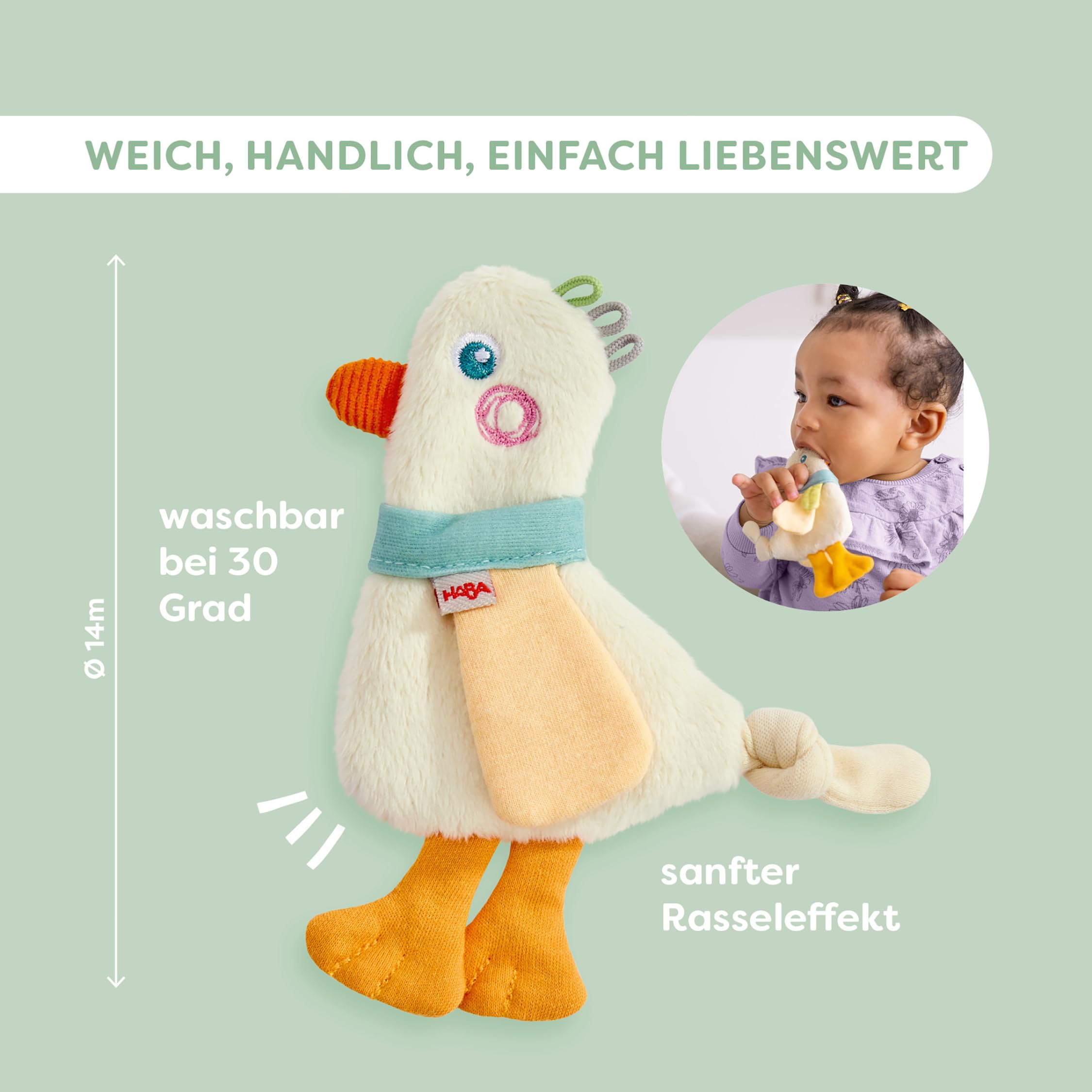 HABA Baby-Spiel-Set Gans – 4-in-1 Erstausstattung & Babygeschenk zur Geburt mit Kinderwagenkette, Schnullerkette, Greifling & Fotoalbum – Motorikspielzeug ab 0 Monate