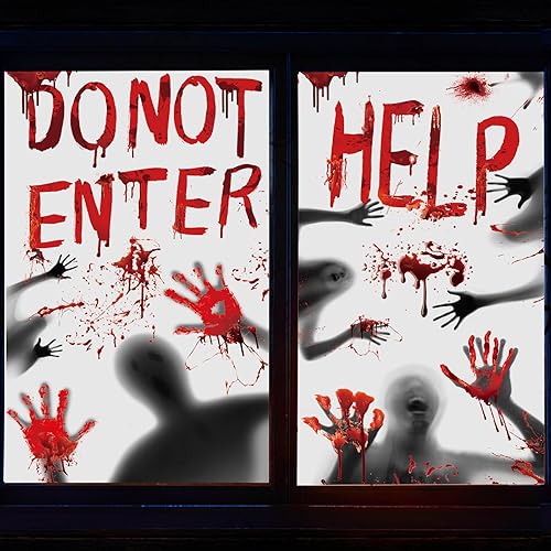 Miniatura 4 de Cubierta de ventana de Halloween sangrienta, decoración de póster de puerta de Halloween, huellas de manos sangrientas, silueta aterradora,
