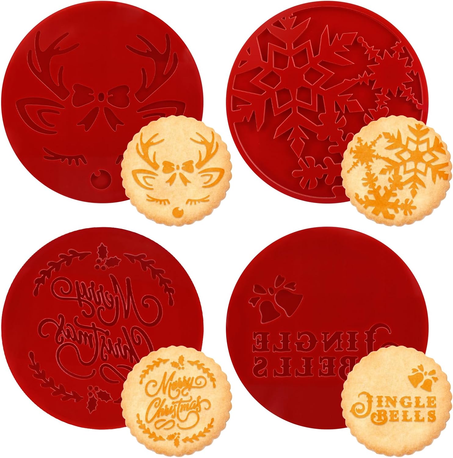 Christmas Cookie Stamps, 4PCS Red Christmas Acrylic Molds Snowflake Winter Cookie Stamps Cookie Baking Supplies for Holiday Treats, 3in