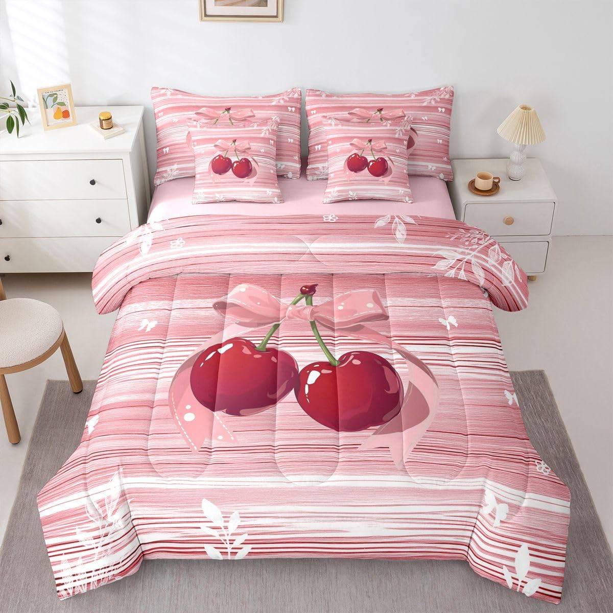 Erosebridal Cherry Bow 7 Pieces Bedding Set Full Size Pink Valentine Comforter Set for Girls Romantic Bowknot Bowtie Bed in A Bag with Flat and Fitted Sheet Geometric Stripes Cottagecore Quilt Set