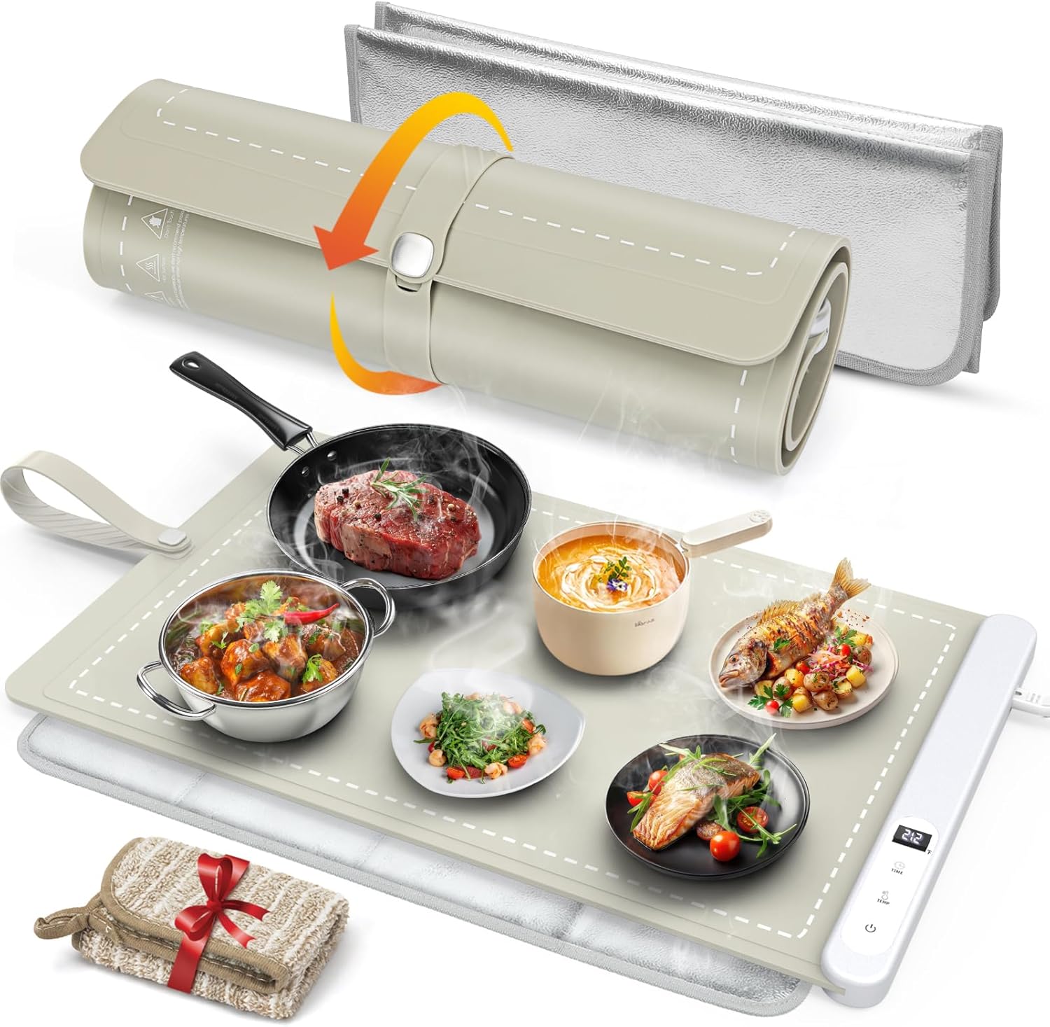 FYY Warming Mat for Food with Heat Resistant Pad, Prevent Countertop Cracks, Keep Meal Warm, Rapid and Full Surface Heating, 6 Temp Settings 6H Timer, Upgraded Rollable Portable Food Warmer Mat Khaki XL Size: 24"x15" with Heat-resistant Mat Khaki