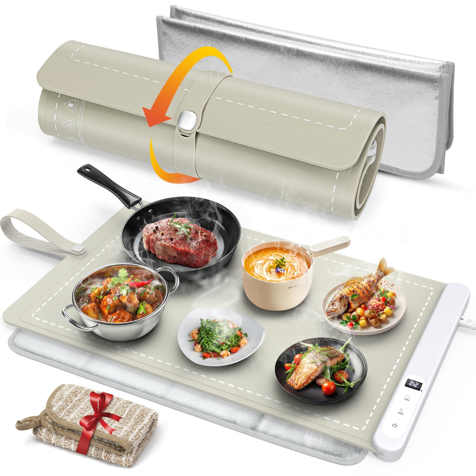 FYY Warming Mat for Food with Heat Resistant Pad, Prevent Countertop Cracks, Keep Meal Warm, Rapid and Full Surface Heating, 6 Temp Settings 6H Timer, Upgraded Rollable Portable Food Warmer Mat Khaki XL Size: 24"x15" with Heat-resistant Mat Khaki