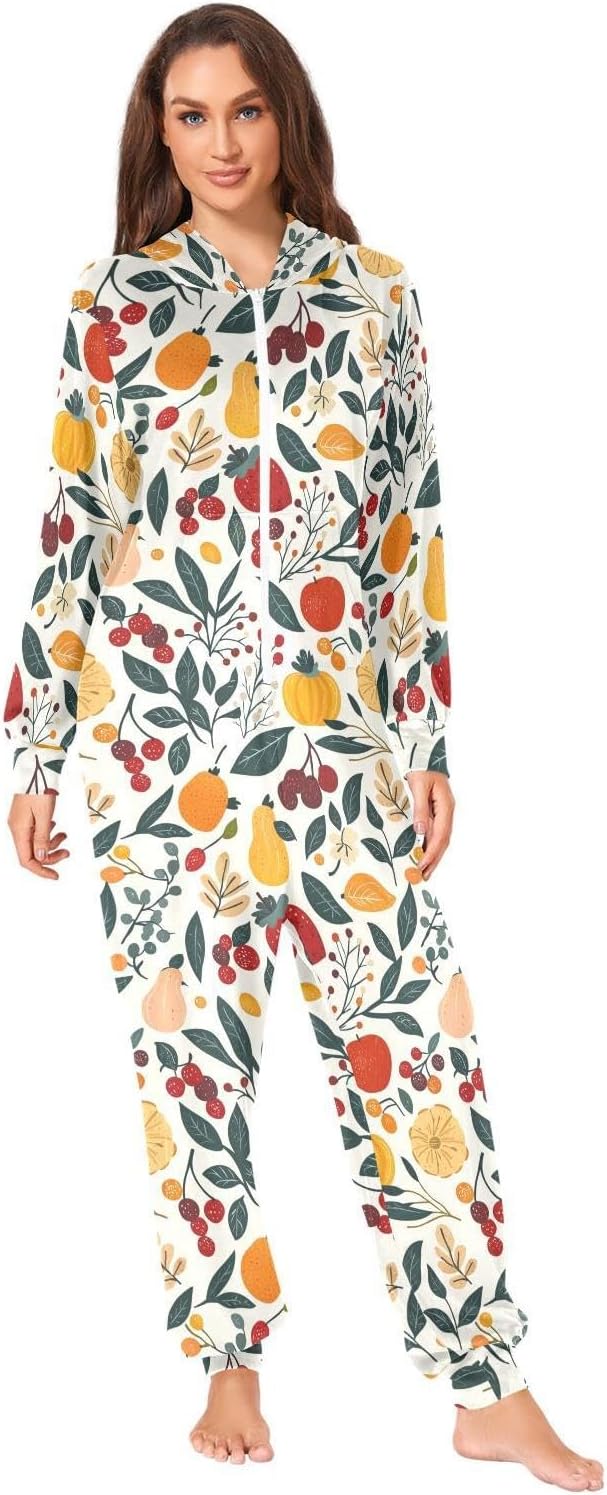 ZZKKO Countryside Fruit Leaves Adult Onesie Pajamas for Women Men Cozy One Piece Pajamas Costume Zip-Up Hooded S-XL