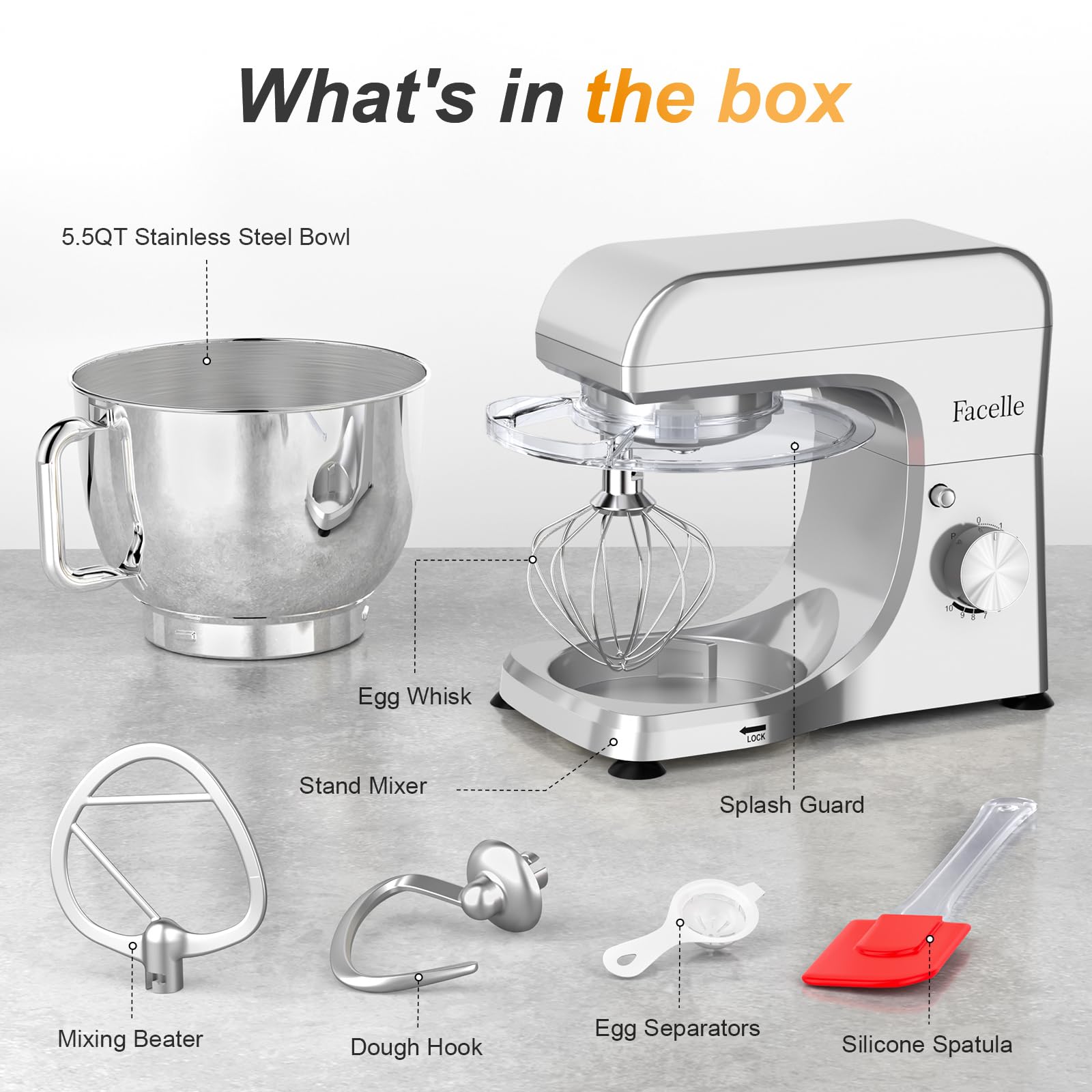 Impastatrice Planetaria Professionale, 1500W, 10 Velocità e Funzione Pulse, Contenitore Inox 5.5 L, Piedini antiscivolo, Coperchio con apertura, Uncino, Mescolatore, Frusta sbattitrice