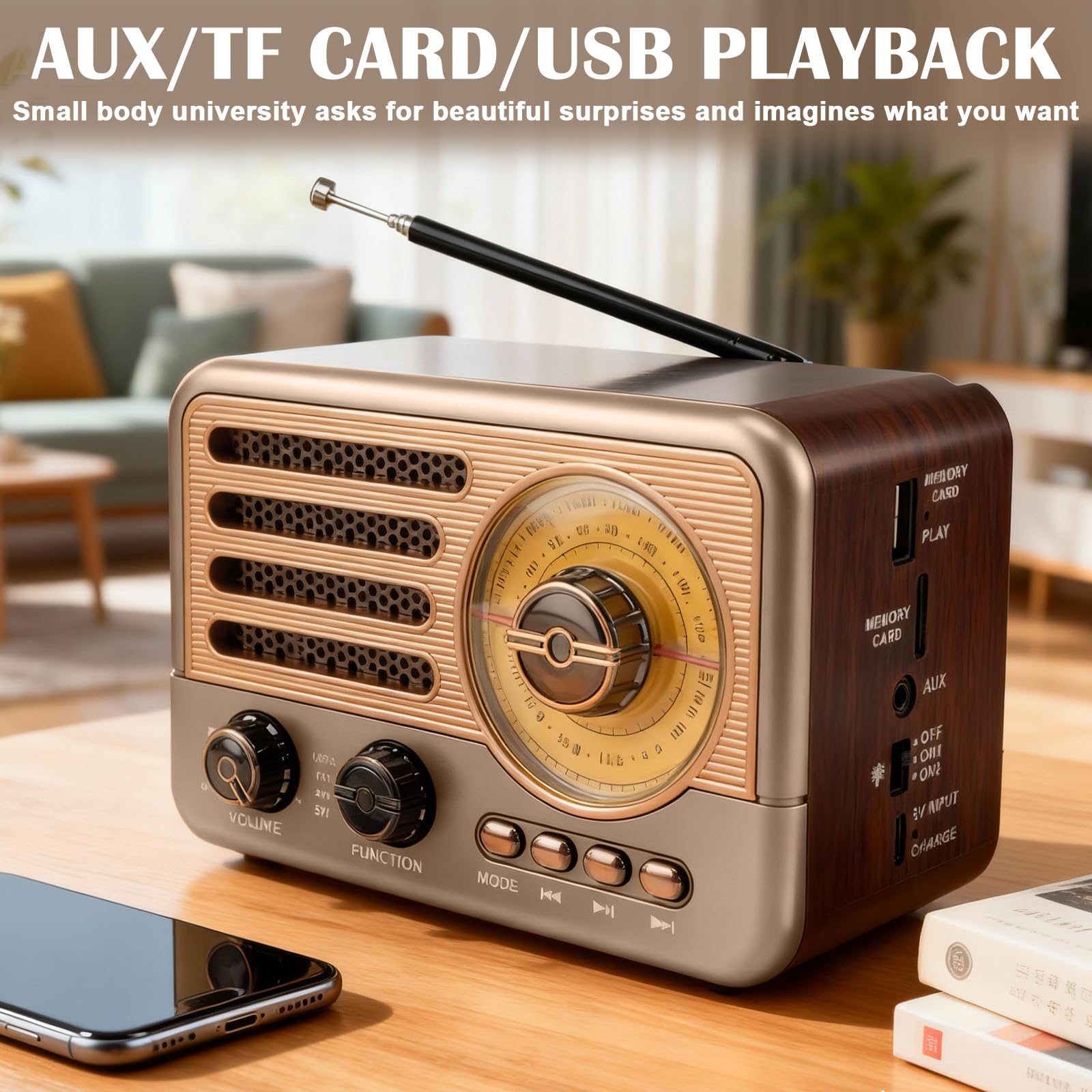 Radio Retrò Bluetooth 5.3 AM/FM/SW Baule, Radio da Cucina Piccola con USB/TF/AUX, Antenna Telescopica
