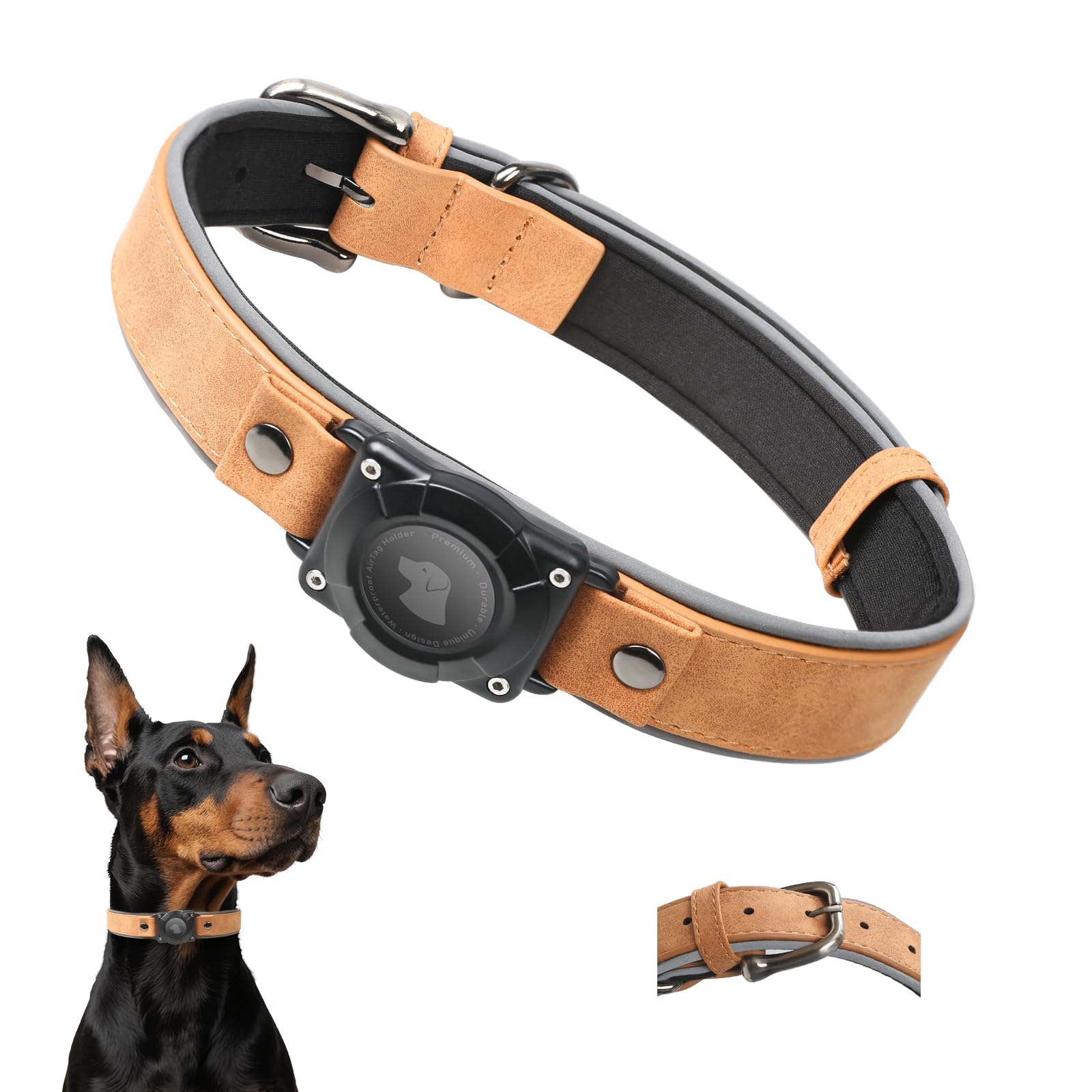 Collier AirTag en cuir pour chien réglable réfléchissant et étanche IPX8