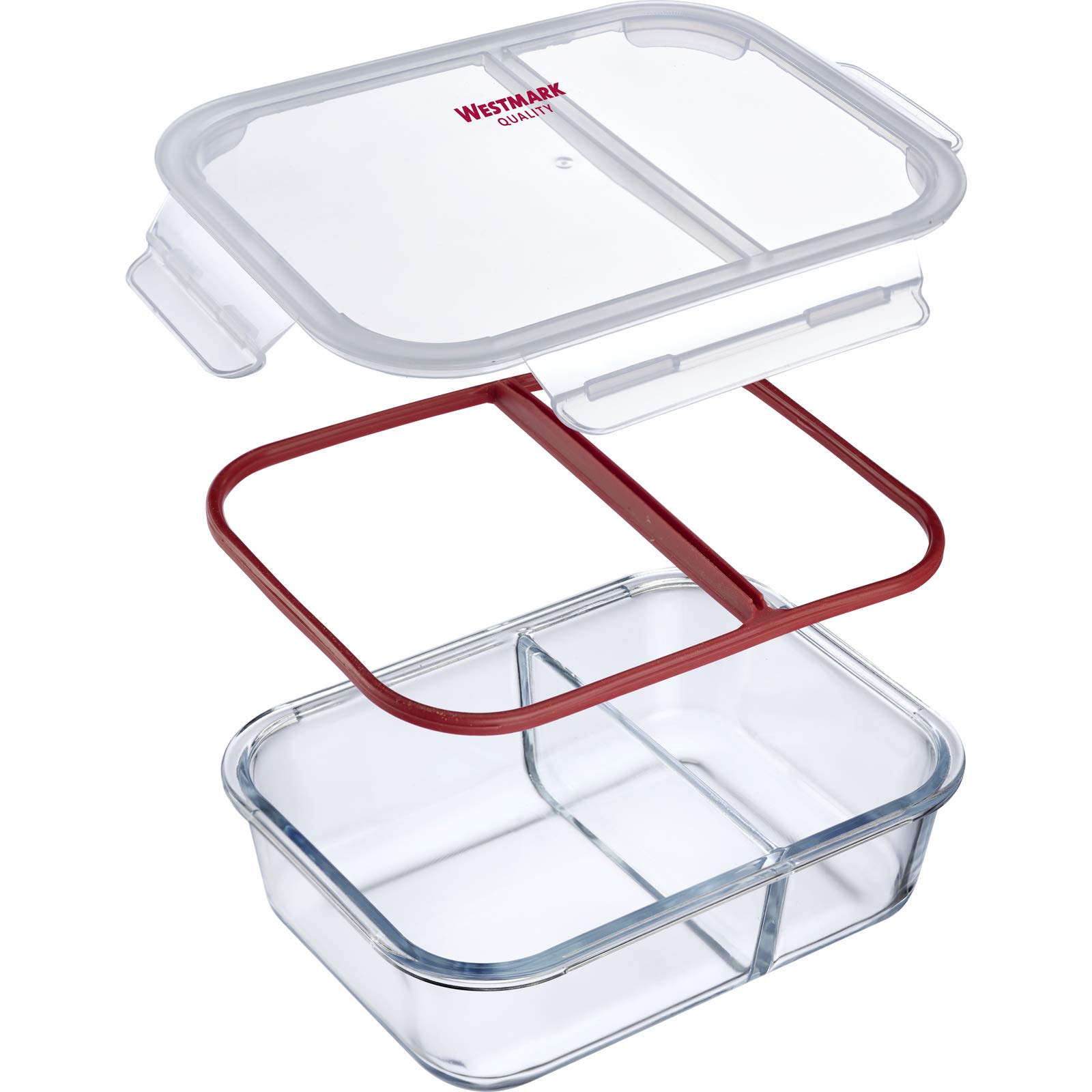 Westmark Contenitore salva-freschezza in vetro, Due sezioni, Tappo ermetico, Capacità: 1380 ml, Adatto per microonde, freezer e forno, Senza BPA, Vetro/Plastica/Silicone, Trasparente/Rosso, 234522E1