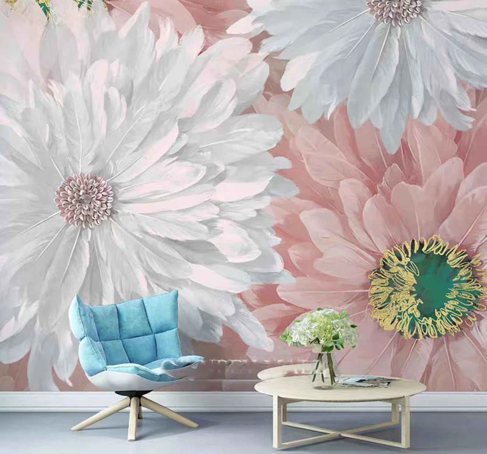 Wallpaper-3D-Xlm 400Cm×280Cm(B×H) Exquisite Creative Ethereal Feathers Flowers 3D Wallpaper Easy Install Feature Office Living Room Sofa Bedroom Tv Background Wall Decoration-400Cm×280Cm