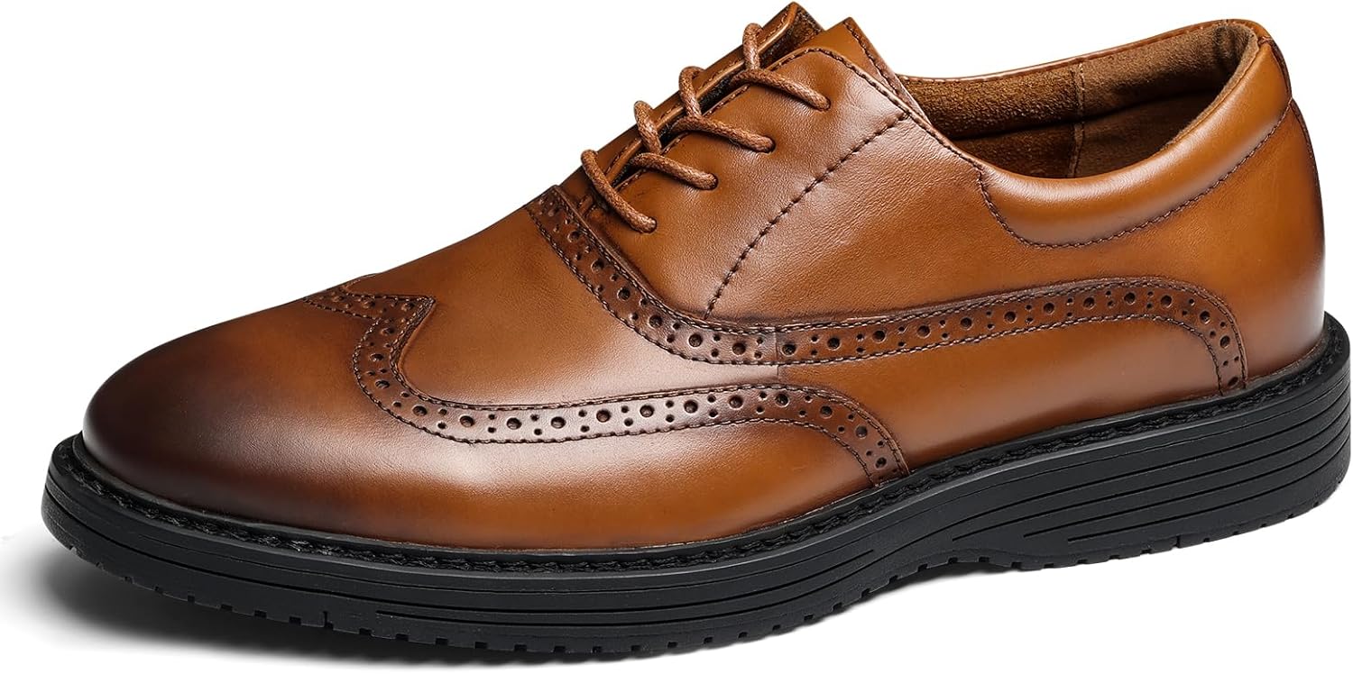 Mens Dress Shoes, Genuine Leather Lace Up Brogue Wingtip Casual Oxford Shoes, Comfortable Stylish Business Formal Dress Sneakers for Office Dating Wedding