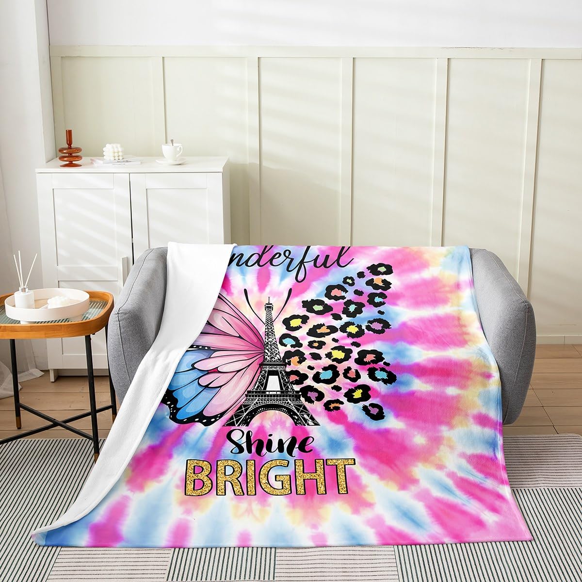 Erosebridal Girls Pink Butterfly Throw Blanket Baby 30X40 Watercolour TID Dye Fleece Blanket Eiffel Tower Blanket Couple Paris Romantic Fuzzy Blanket for Sofa Bed Couch,Soft Warm