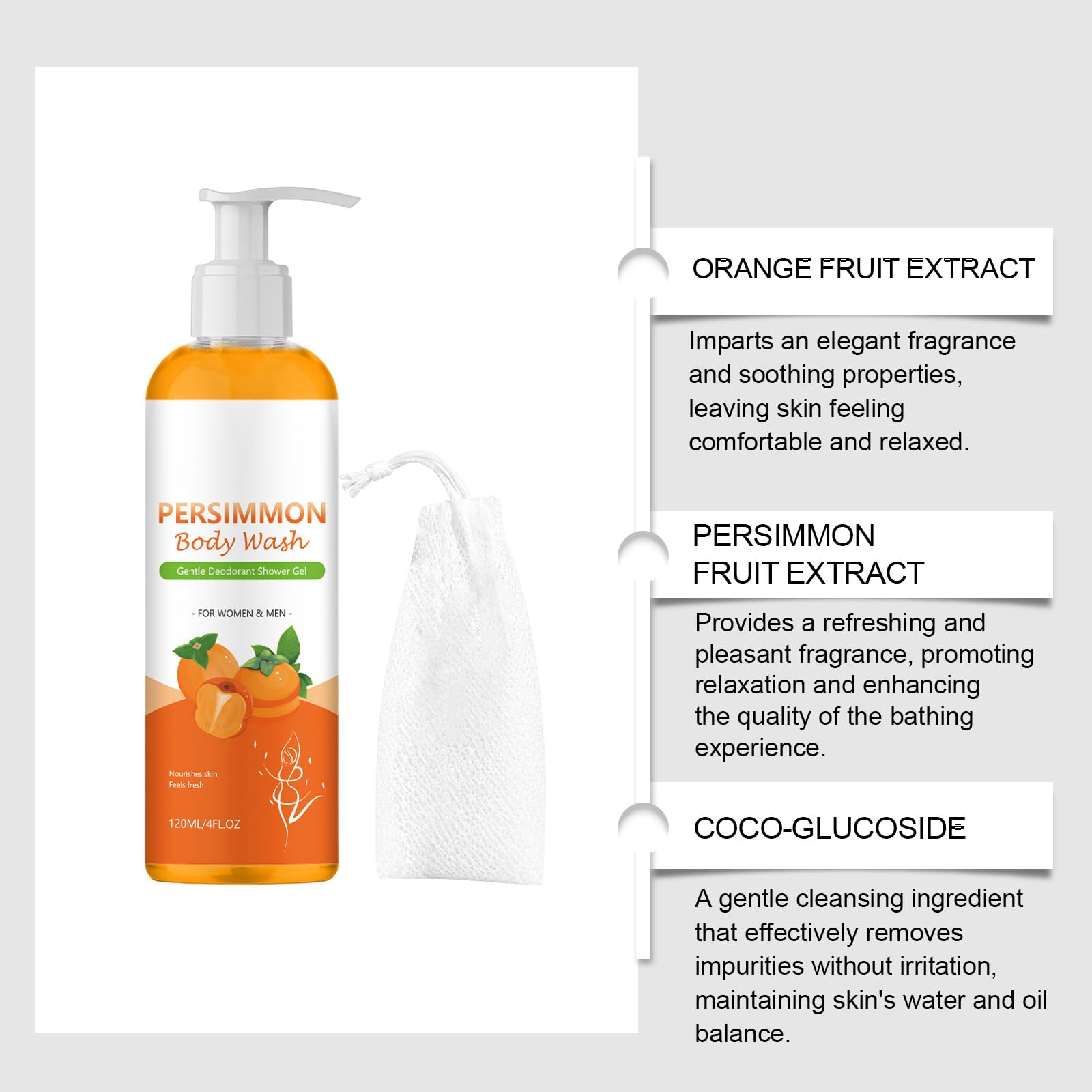 Bagnoschiuma al cachi per combattere i cattivi odori, gel doccia neutralizzante – detergente deodorante per il corpo ad azione detergente profonda, detergente delicato con estratti idratanti. (6pcs)