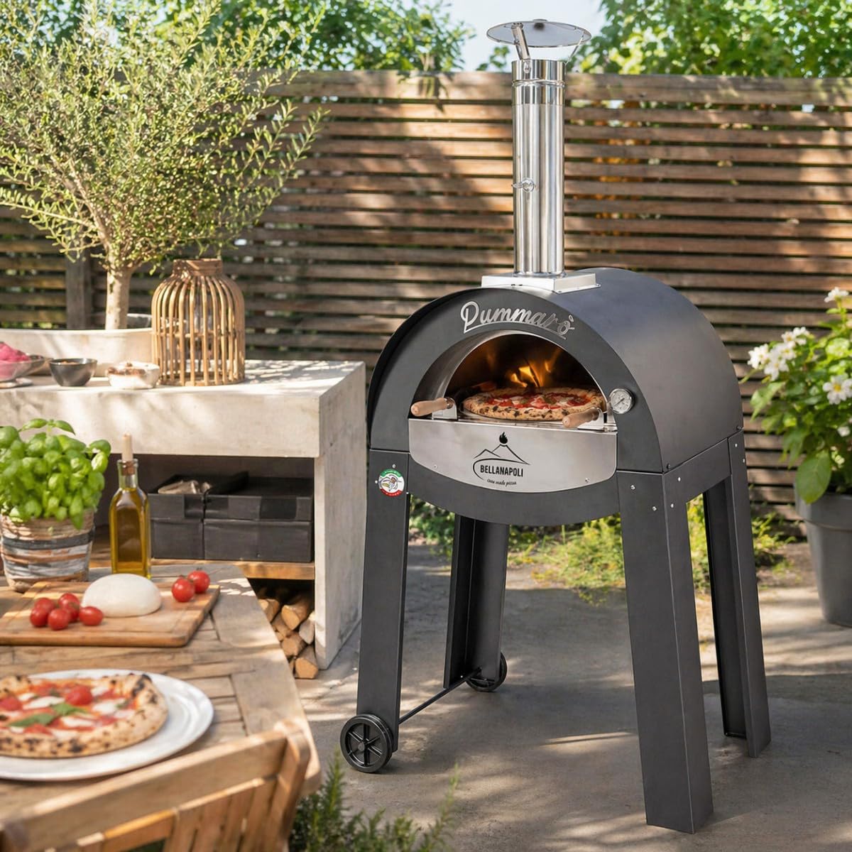 BELLANAPOLI - Forno per pizza da esterno professionale per cottura a 2 pizze 400 °C, forno a legna di alta qualità, in acciaio inox, pietra refrattaria, termometro a 2 ruote