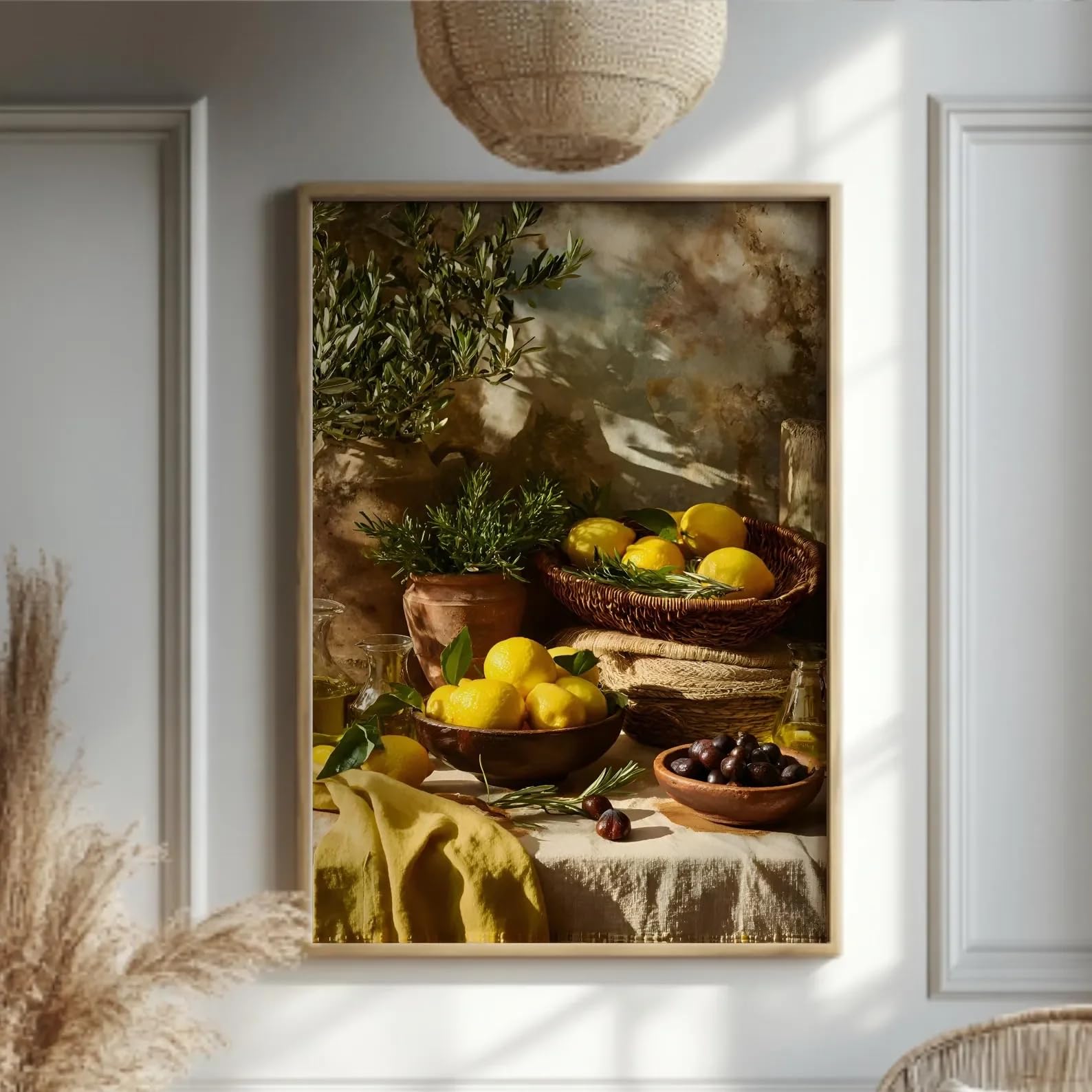 GOSRD Canvas Paintings Mediterranean Lemon Wall Art Olive Branch Kitchen Poster Farmhouse Still Life for Room Decor(60x85cm)