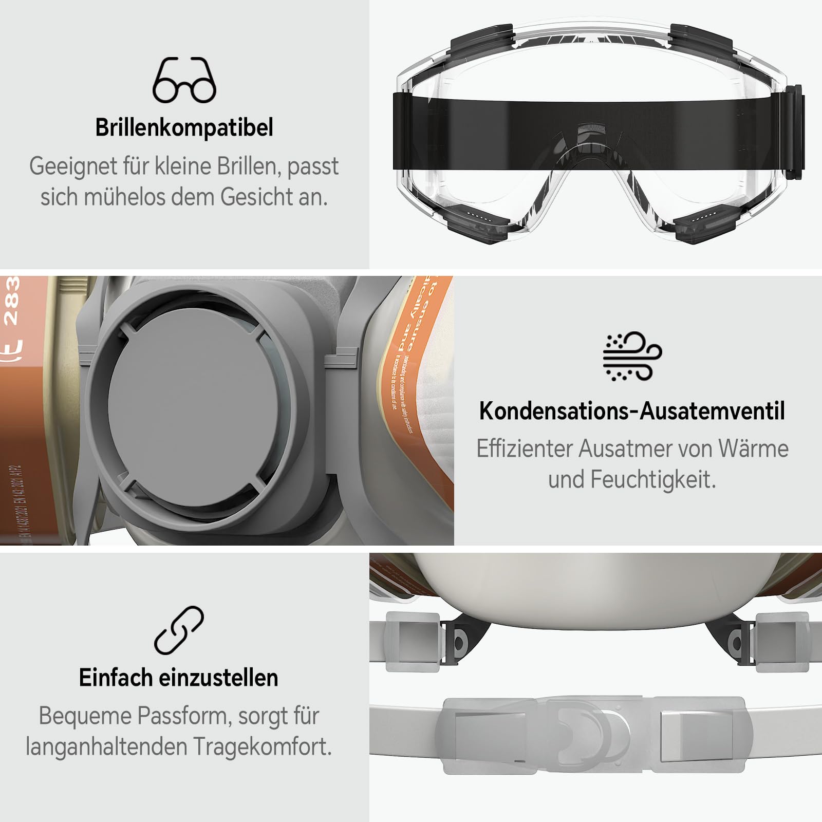 AIMAX Masque de Protection avec Filtre A1P2, Anti Poussière et Gaz, avec Lunettes, Respiratoire Réutilisable pour Peinture, Ponçage, Pulvérisation, Ensemble Complet avec Filtres de Rechange
