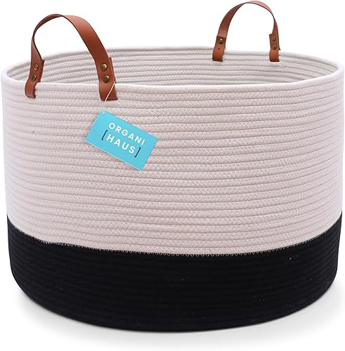 OrganiHaus canasta de algodón extragrande con asas de cuero auténtico 20x133pulgadas