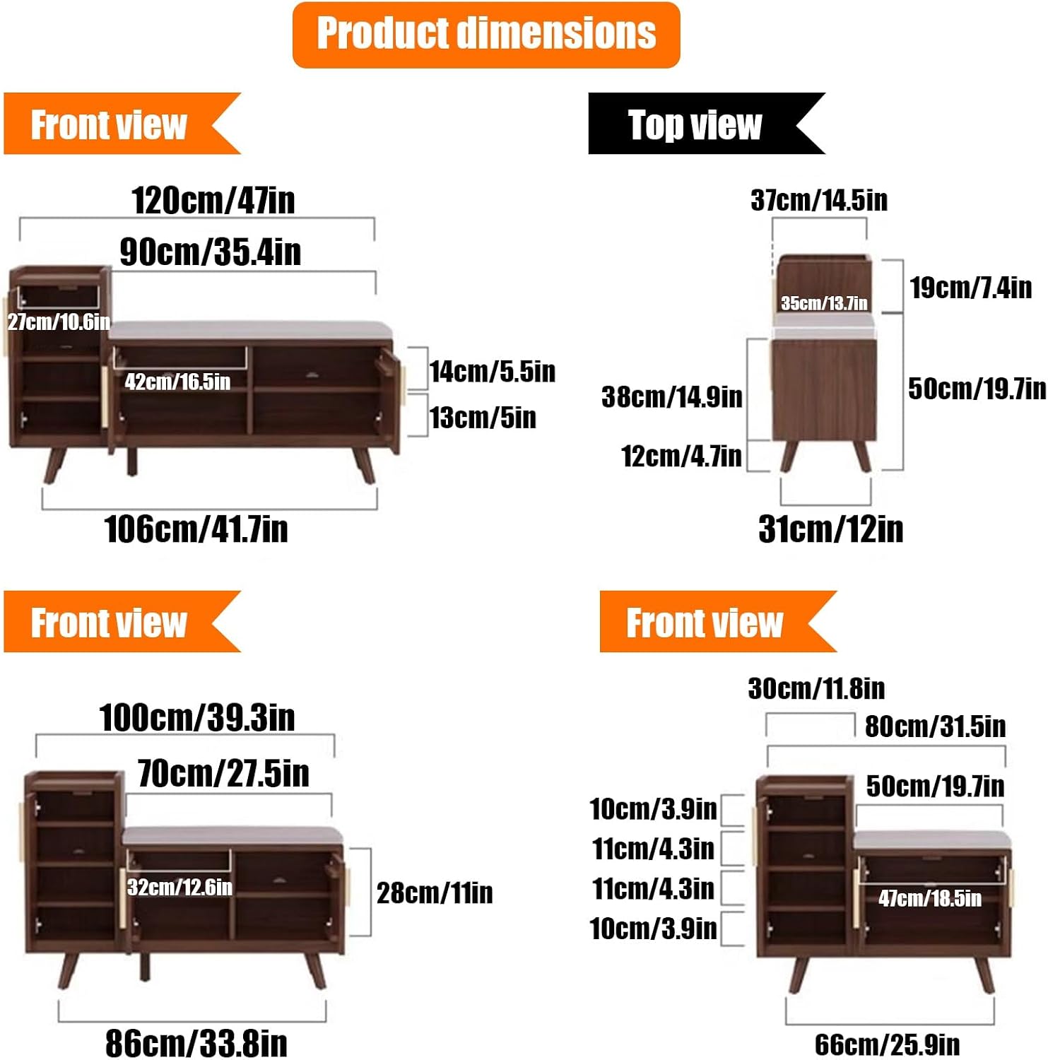 Shoe Storage Cabinet, L Shaped Bench Cabinet, Entryway Bench with Adjustable Shelves Cushioned Seat, Storage Bench for Hallway, Bedroom, Living Room(Walnut Color-Left Cabinet,39.4")