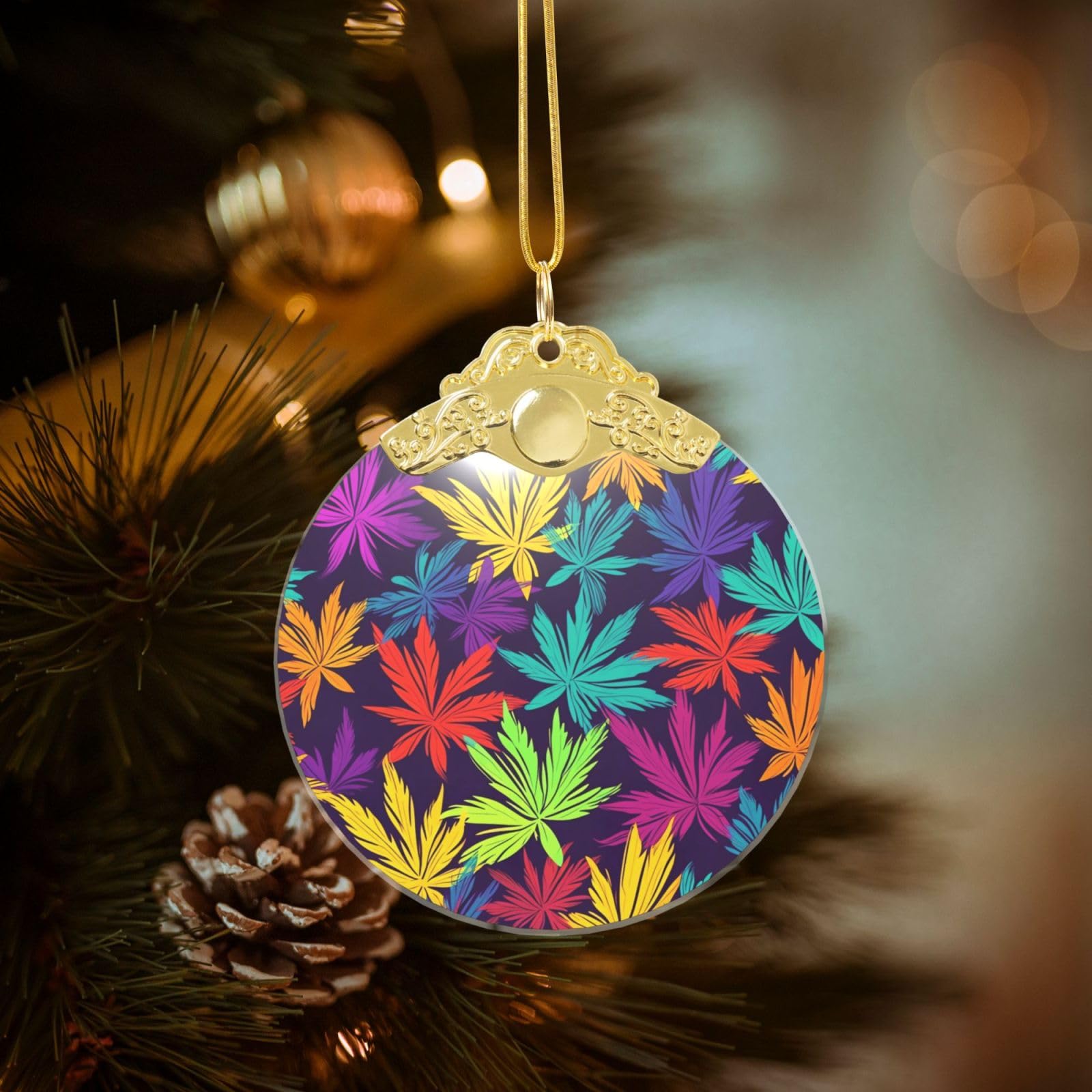 Crystal Christmas Ornaments for Christmas Tree Decoration Hanging Bright Colorful Weed Pattern Ornament with Gold Ribbon Crafts Round Pendant for Keepsake Gifts Glass Xmas Decor Party Supplies