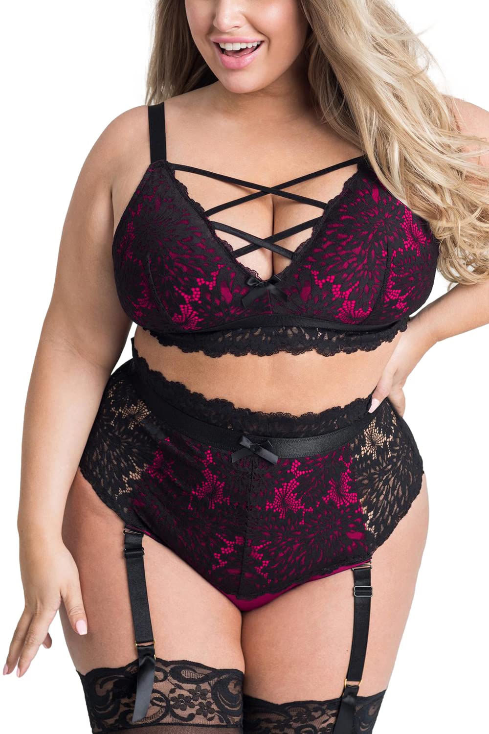Plus Size Lingerie Set for Women, Sexy Luxe Criss-cross Bra Set Lace Cups Classic Underwear with High Waisted Suspender Thong - 3X-Large Black Rose