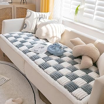Funnyfuzzy Cream-Coloured Large Plaid Square Pet Mat Bed Couch Cover, Funny Fuzzy Couch Cover, Dog Blankets for Large Dogs, Waterproof Blanket Dog Bed Cover Pet Blanket
