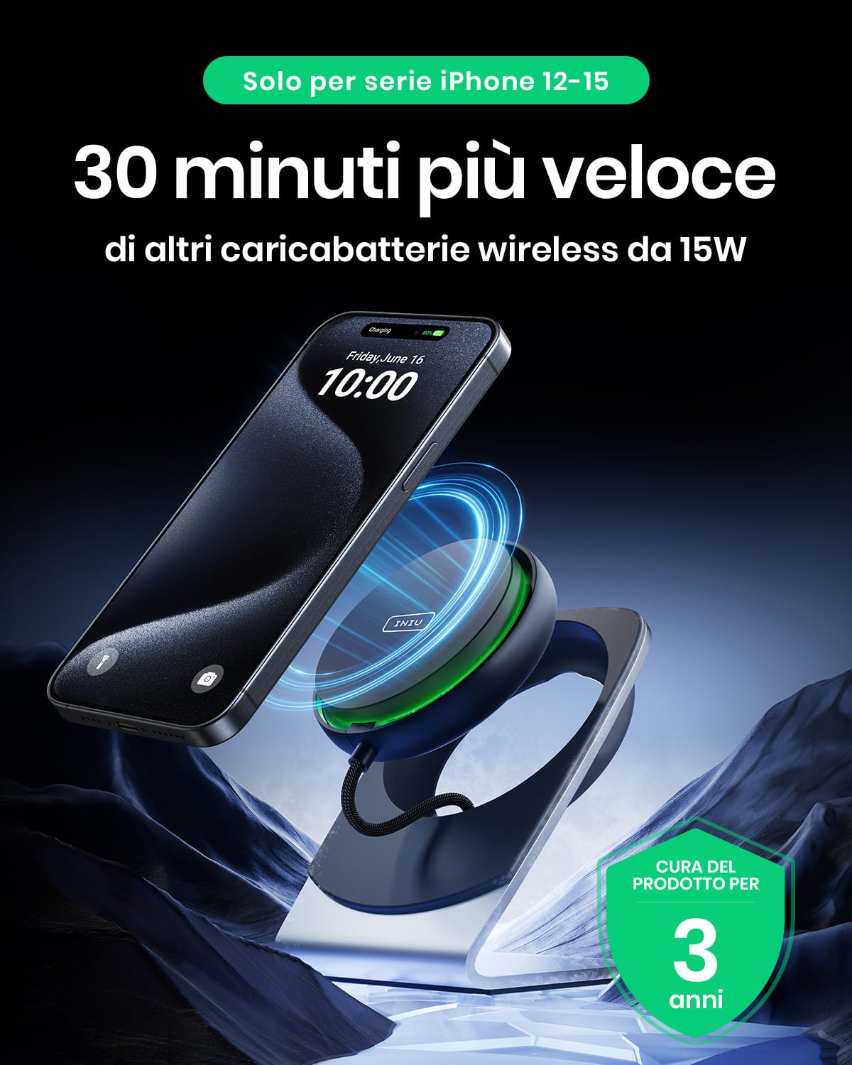 INIU Caricatore iPhone Wireless per MagSafe, 15W Ricarica Rapida Caricabatterie Wireless Dissipazione Efficiente per iPhone 16 15 Pro Max iPhone 14 Plus 13 12 (Adattatore e Cavo USB C Inclusi)