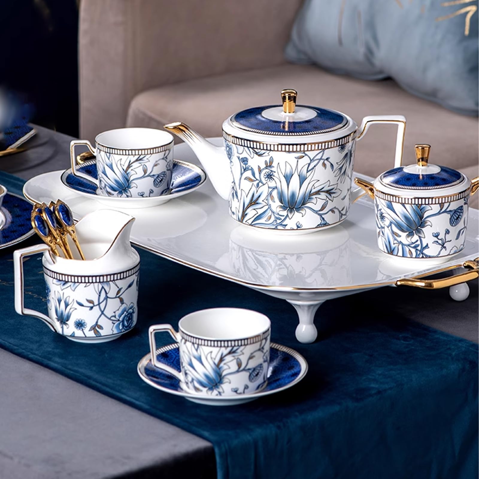 FfiMe 10 tazas de porcelana china con bandeja, platillo, juegos de té de cerámica inglesa blanca simples a juego con cucharas y caja de regalo, para decoración de sala de estar, juego de té de la