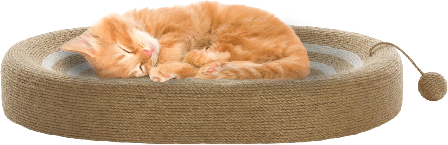 SAFAVIEH Home Collection Cat Scratch Bed Natural & Ivory Jute Oval Pet Lounger with Built-in Toy