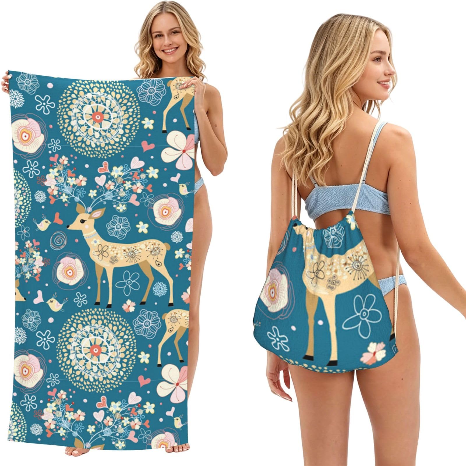 SATUSA Cartoon Deer Flower Print 2-In-1 Foldable Beach Towel Backpack â€“ Camping, Yoga And Travel,Bath Towel With Built-In Storage, Convertible Beach Mat & Carry Bag