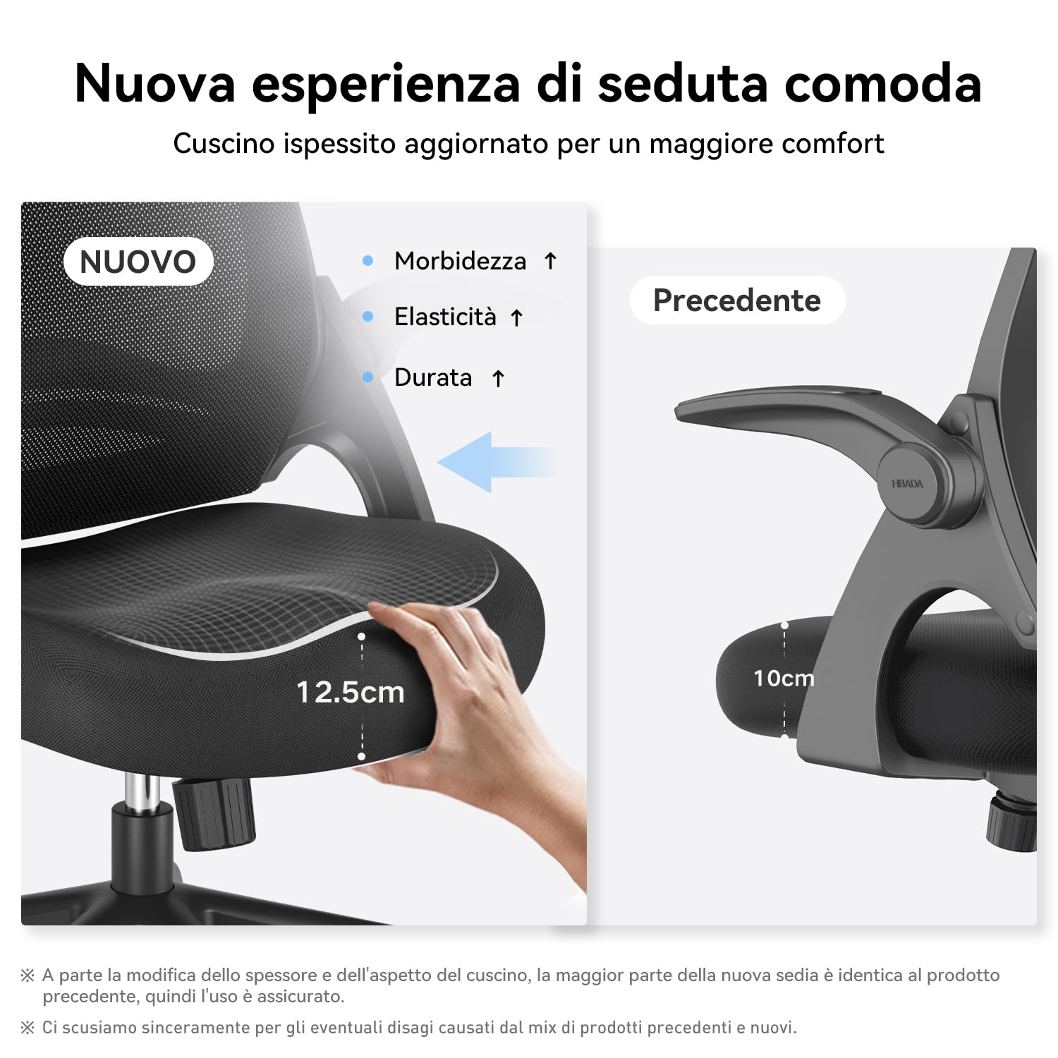 Hbada J1 Sedia da ufficio ergonomica, poltrona da ufficio con bracciolo pieghevole, seduta in tela, girevole a 360°, Nero