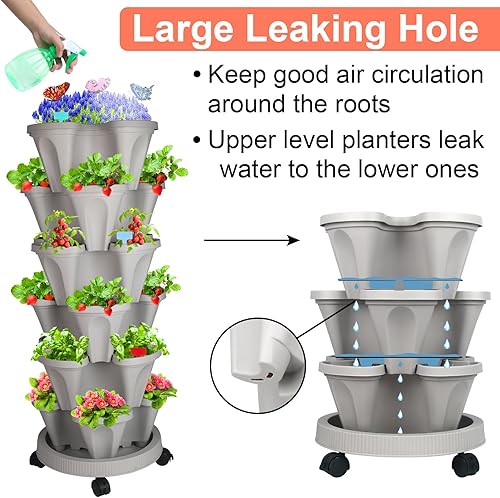 Miniatura 6 de Maceta vertical, maceta apilable de fresa de 5 niveles con juego de herramientas de jardín, maceta movible para interiores y exteriores, maceta de