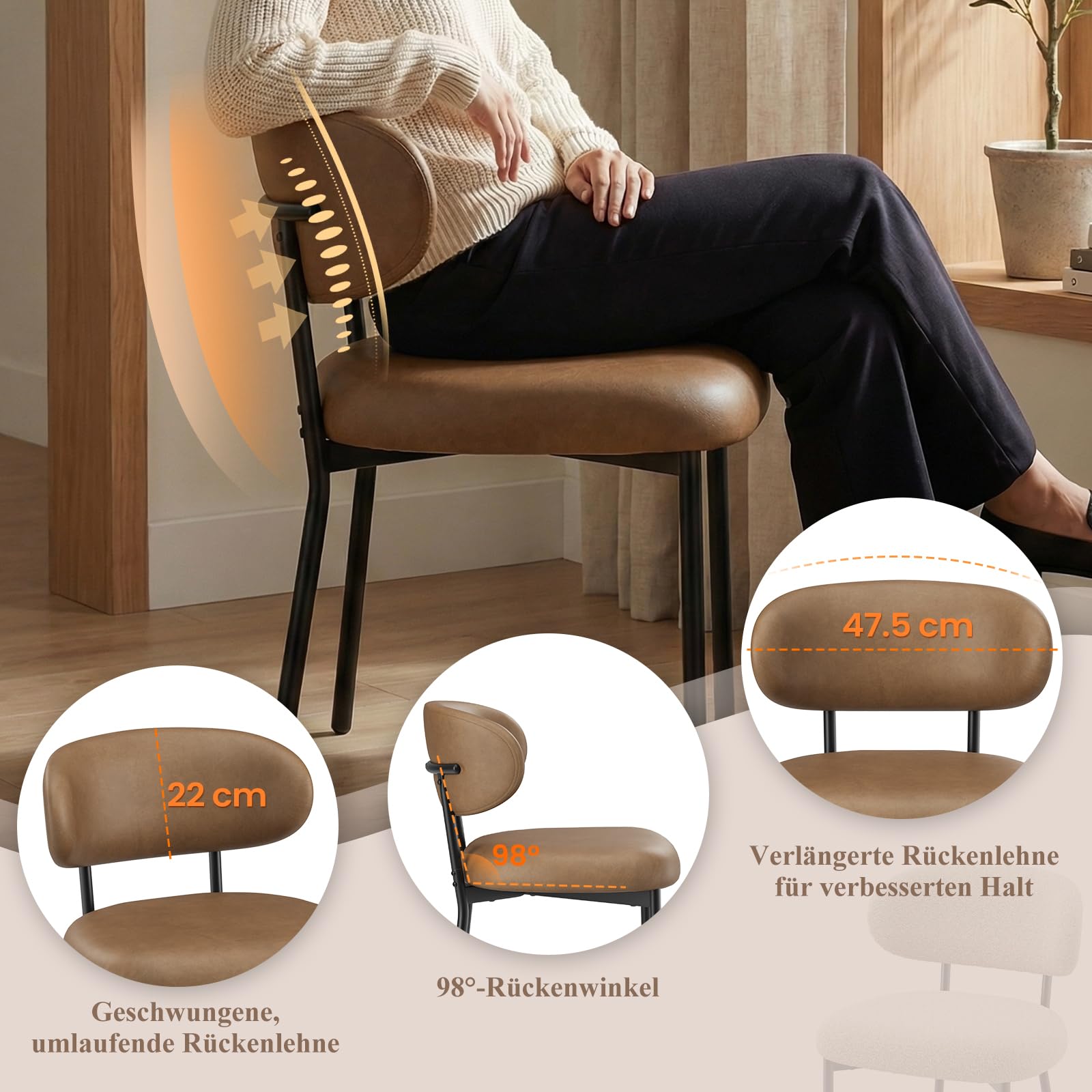 MALOL Set di 4 sedie da pranzo imbottite, moderne in pelle PU, schienale curvo, seduta imbottita, gambe in metallo robuste, sedie di design per cucina, sala da pranzo, soggiorno, marrone
