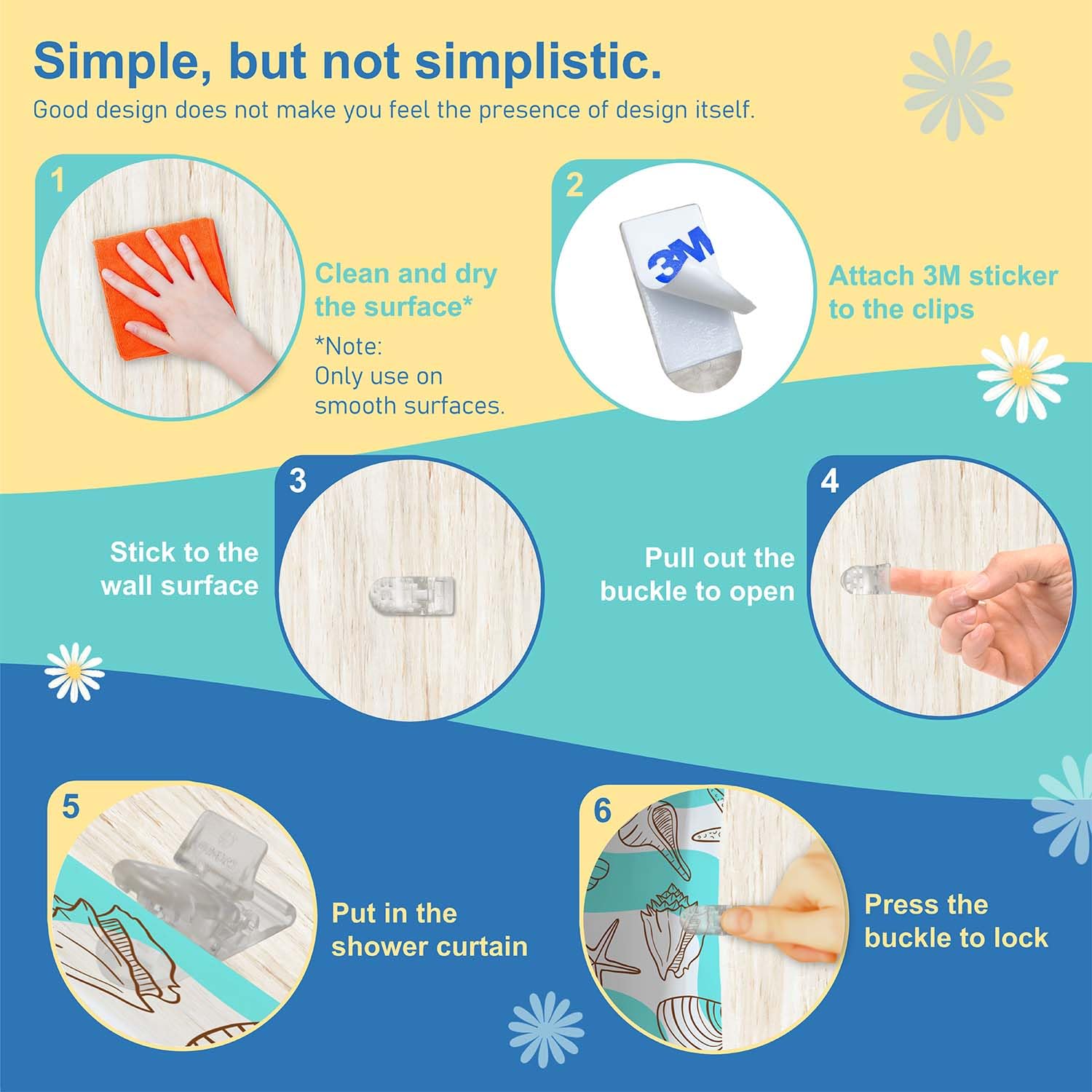 Thumb Shaped Shower Curtain Clips - Clear, 12 Pack With 3M Adhesive (No More Splashes!)