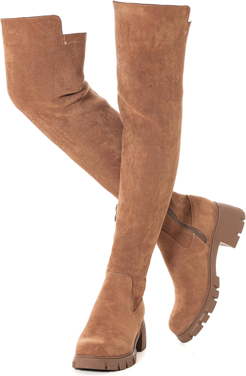 N.N.G Over The Knee Combat Boots, Black Brown Beige Suede, Platform Lug Sole with 2 Inch Heel, Side Zipper for Women, Streetwear Fashion