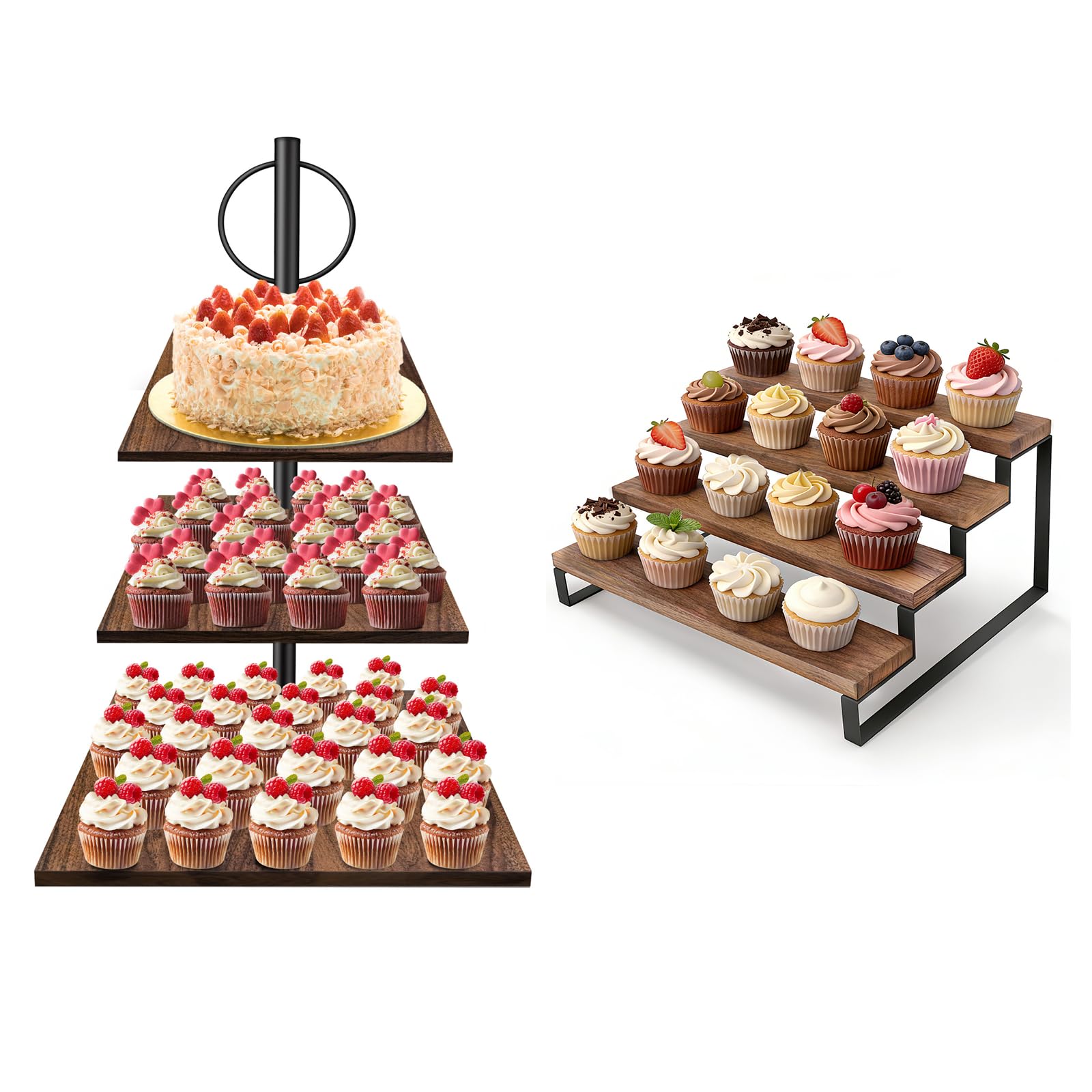 Soporte Tarta, Bandejas para Tartas de 4 Niveles para 16 Cupcakes bundle with Cuadrada Soporte de madera para pasteles y cupcakes, bandeja para postres, donuts, galletas, macarons, frutas
