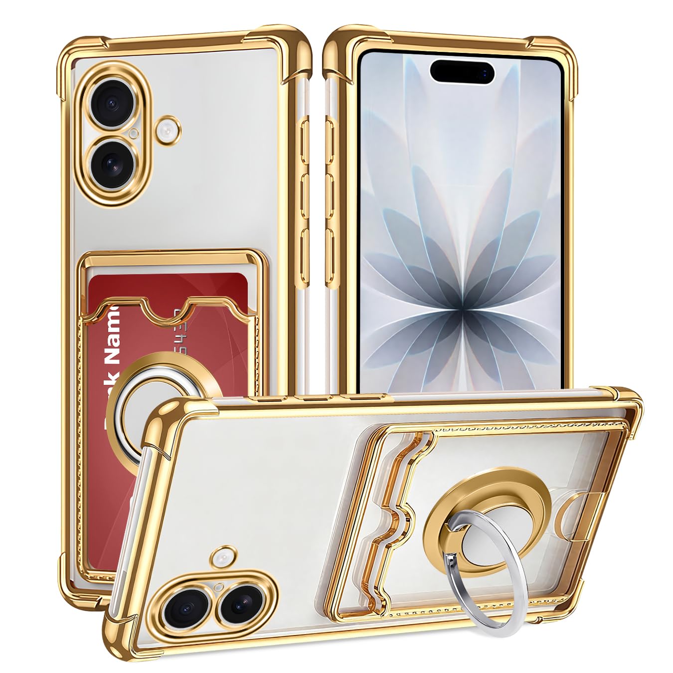 iPhone 17ケース 薄型 いphone 17 カバー 軽量 TPU アイフォン17 携帯ケース リング付き 360°回転 スタンド機能 車載ホルダー対応 転倒防止 かんしょうほご 耐久性 黄変防止 ひっかき防止 やわらかい ポータブル レンズ保護スマホ カードスロット プラグ可能カード めっき加工技術 （ゴールド）