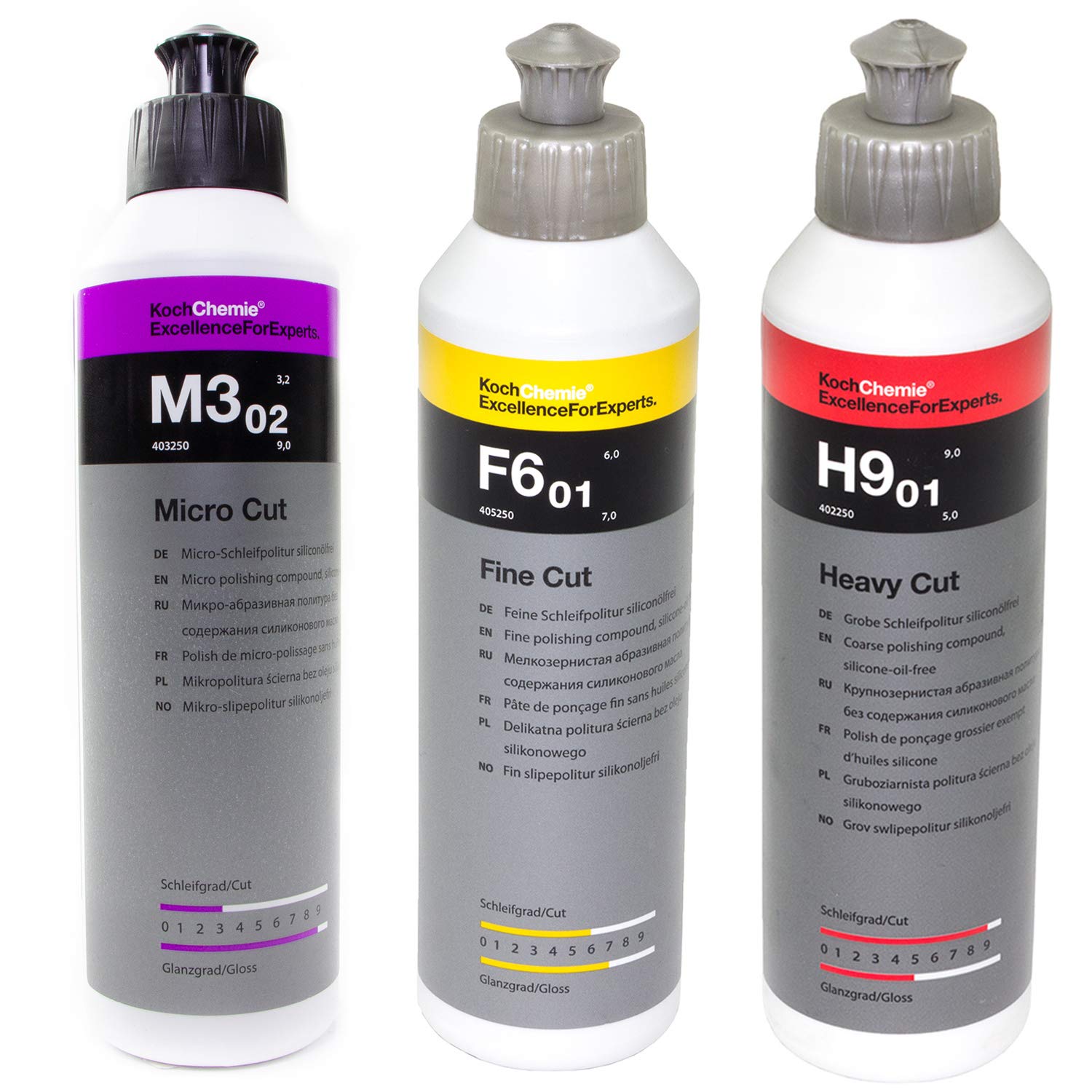 Politur Set Koch Chemie Heavy Cut H9.01 + Fine Cut F6.01 + Micro Cut & Finish M3.02 je 250 ml
