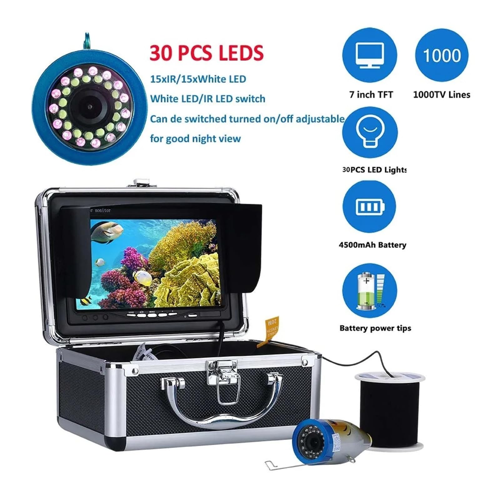 Détecteur de Poissons 7 Pouces, caméra de pêche sous-Marine 1000TVL, 15 LED Blanches + 15 Lampes infrarouges for la Glace et