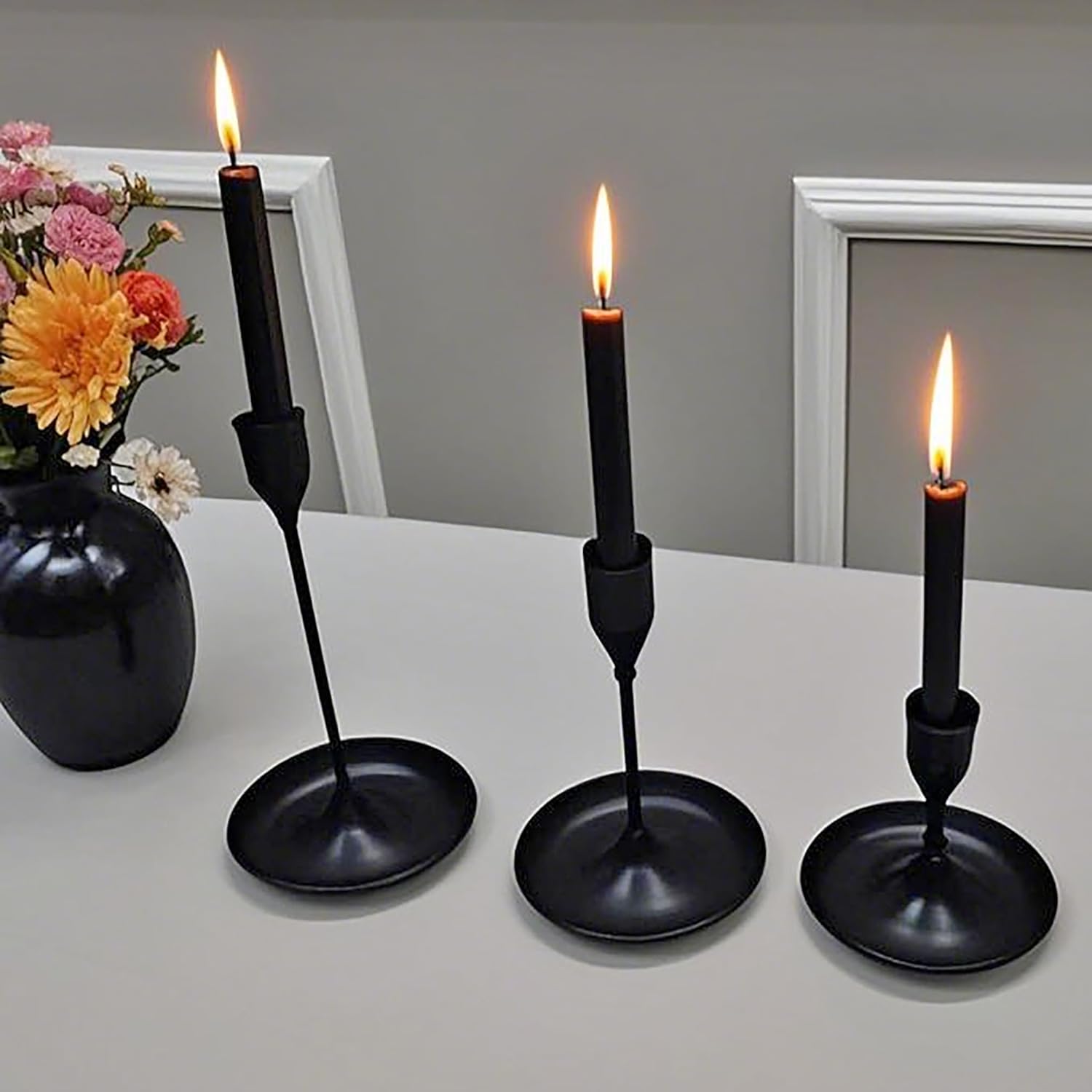 FixtureDisplays® Black Candle Holder Set of 3, Taper Metal Candle Sticks Stand Holders Decor, Vintage Room Decorations, for Centerpiece Dining Table Wedding, Fireplace, Dinning or Anniversary 22031-1D
