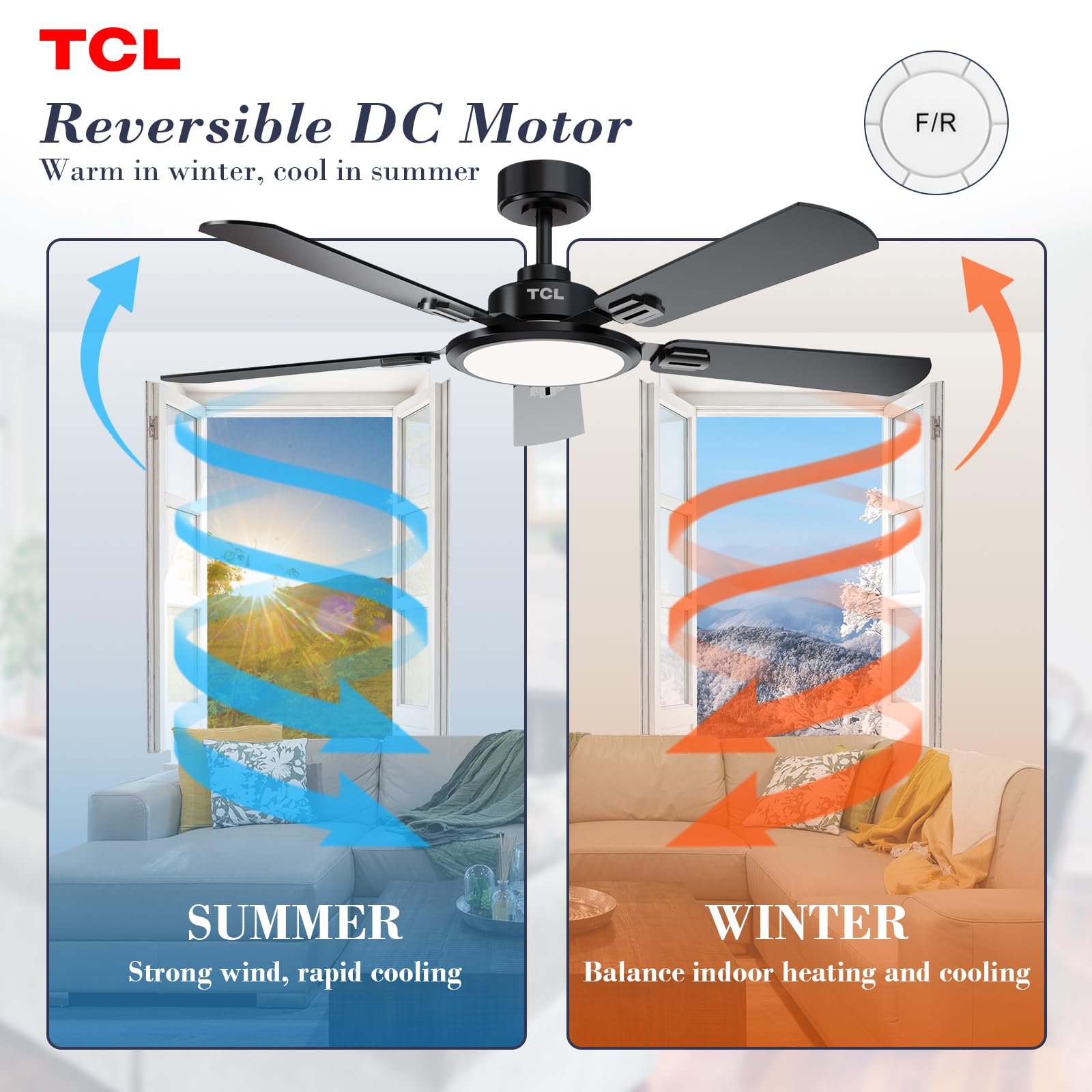 TCL Ceiling Fans with Lights 52 Inch Ceiling Fan with Light and Remote Control Reversible DC Motor Noiseless — view 5