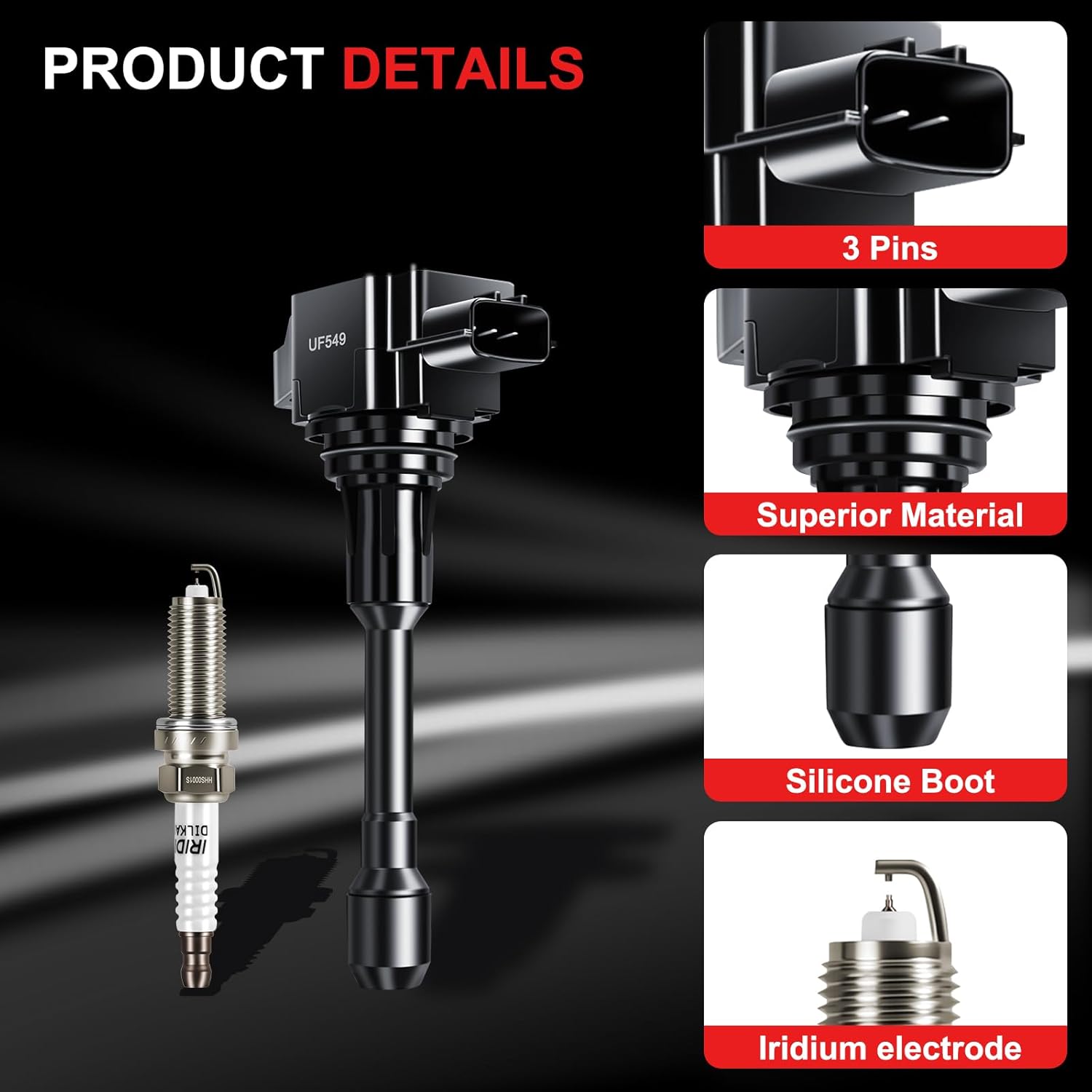 UF549 Ignition Coil Pack Spark Plugs Fits for Nissan Altima L4 2.5L 2007-2018, Rogue L4 2.5L 2008 2009 2010 2011 2012 2013, For Sentra L4 1.6L 1.8L 2.0L 2.5L 2007-2019, Set of 4